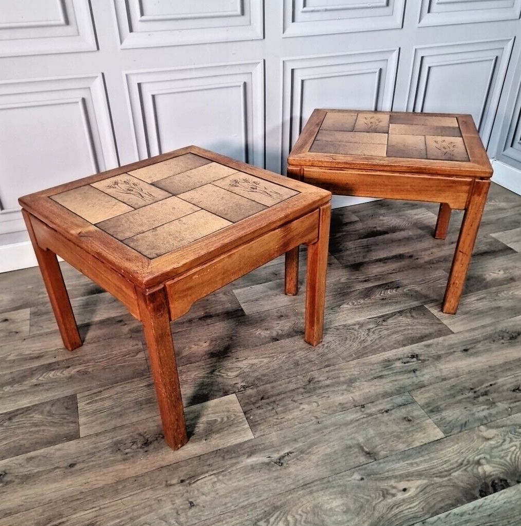 Retro Pair Side Tables 2 Small Mid Century Teak Tiled Wooden Coffee Bedside