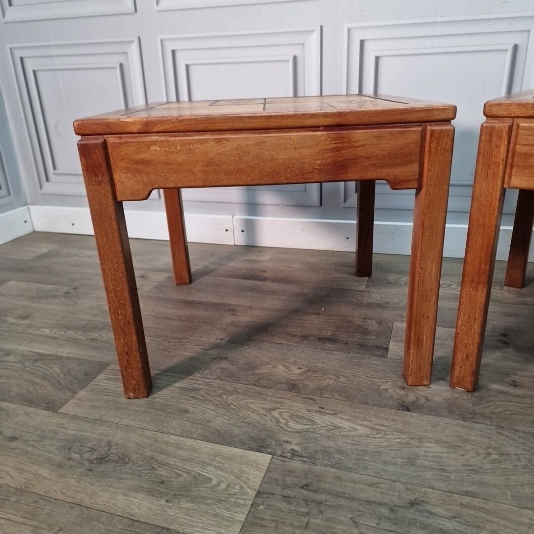 Retro Pair Side Tables 2 Small Mid Century Teak Tiled Wooden Coffee Bedside photo 230.0