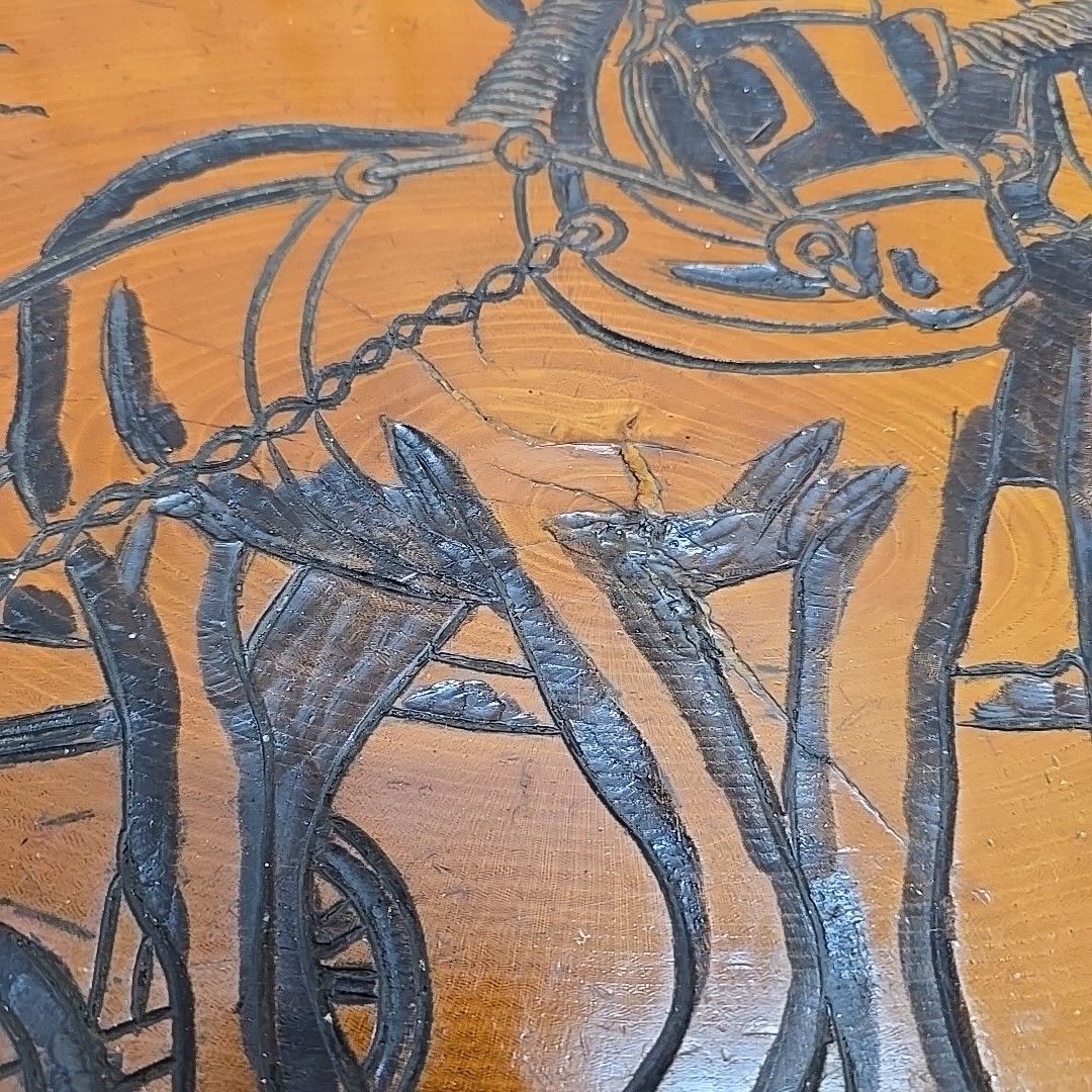 photo for sale Vintage Rustic Coffee Table Carved Hardwood Slab Top Folk Art Horse Scene Iroko?
