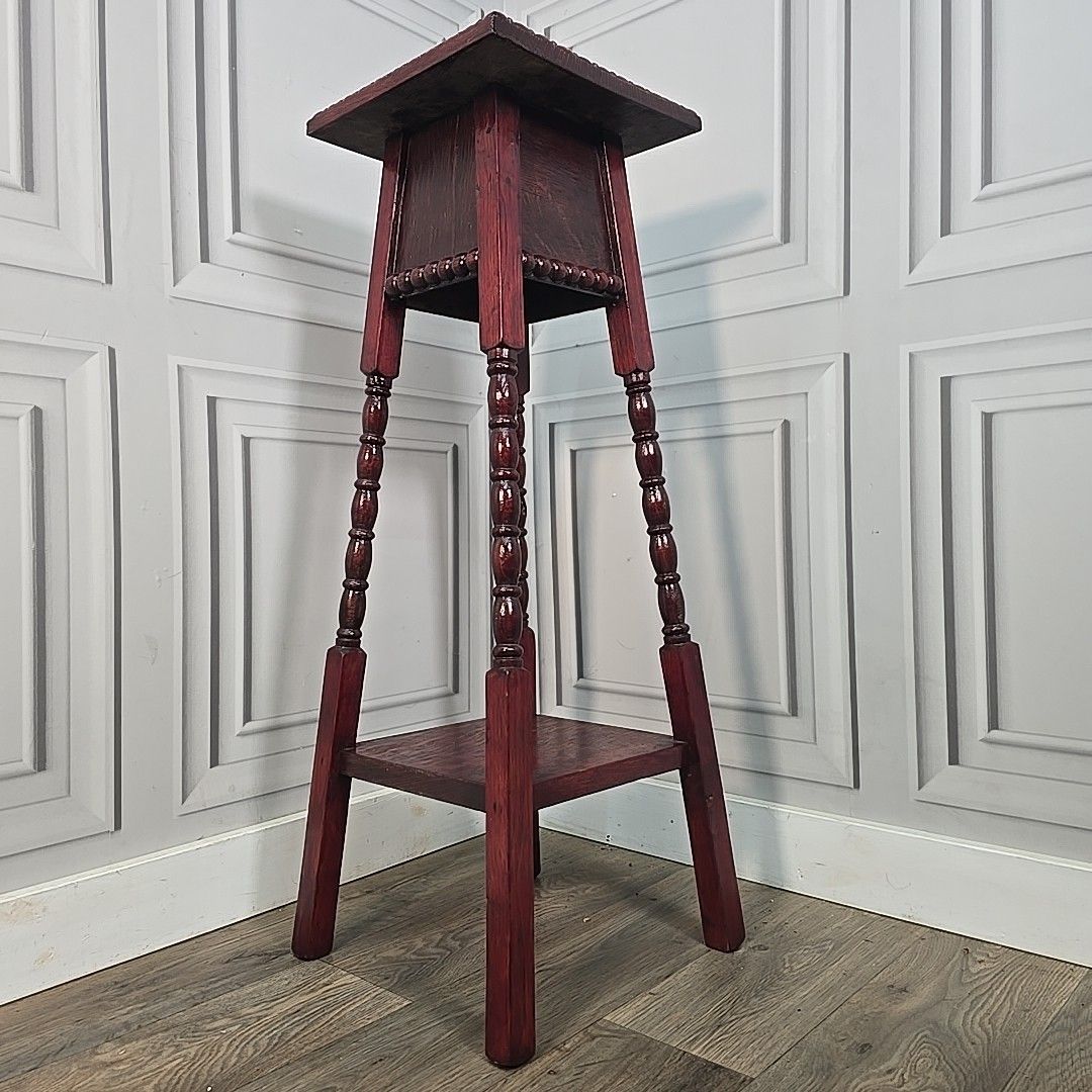 Antique Plant Stand Lamp Table – Turned Oak Legs & Bobbin Trim Mahogany Finish photo Home Decor