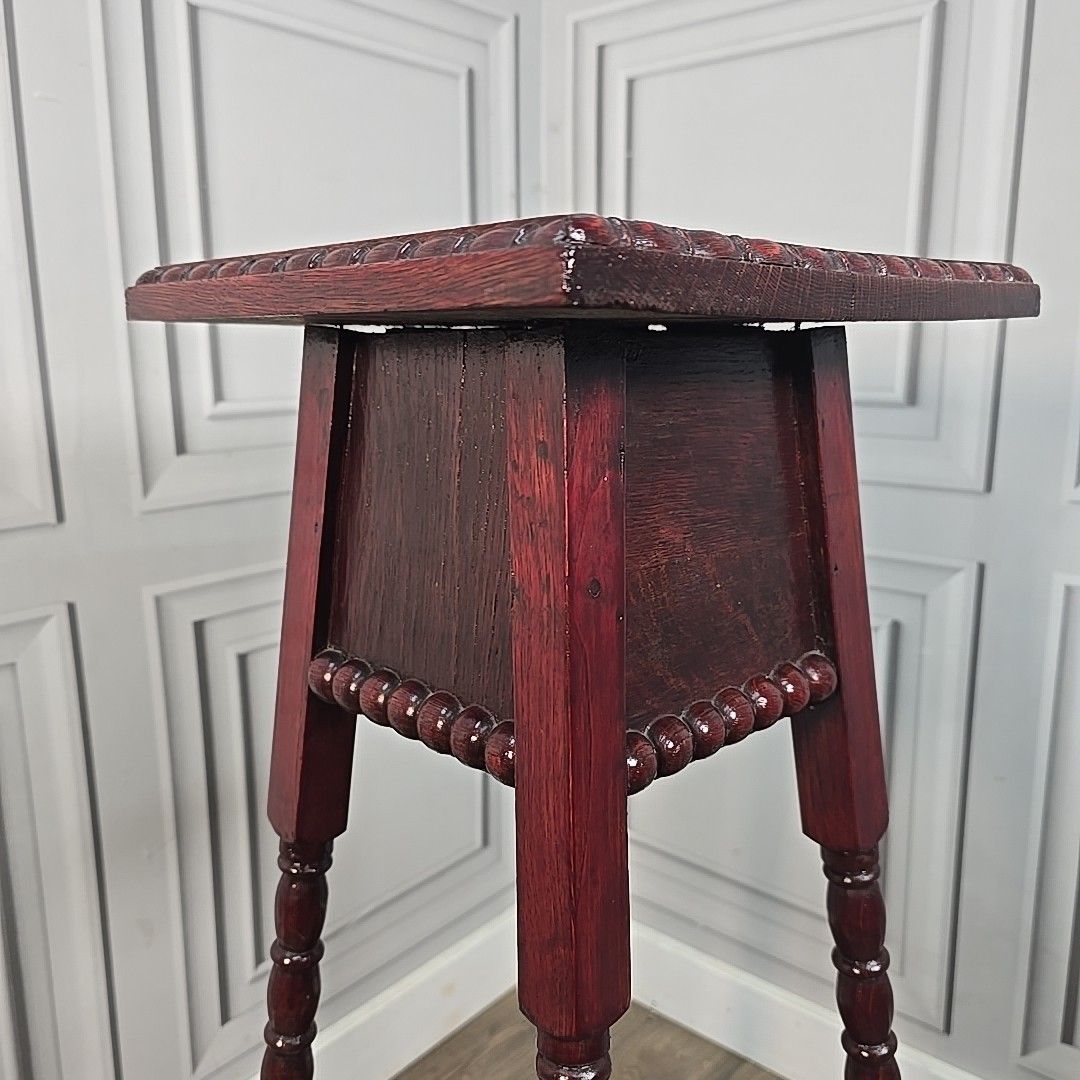 Antique Plant Stand Lamp Table – Turned Oak Legs & Bobbin Trim Mahogany Finish photo vintage