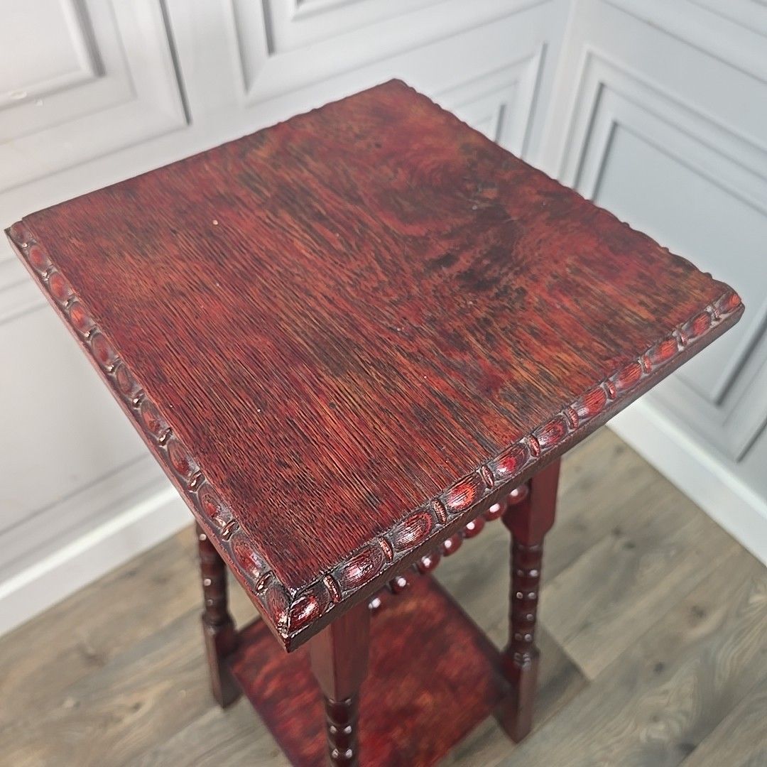 90.0 Antique Plant Stand Lamp Table – Turned Oak Legs & Bobbin Trim Mahogany Finish photo
