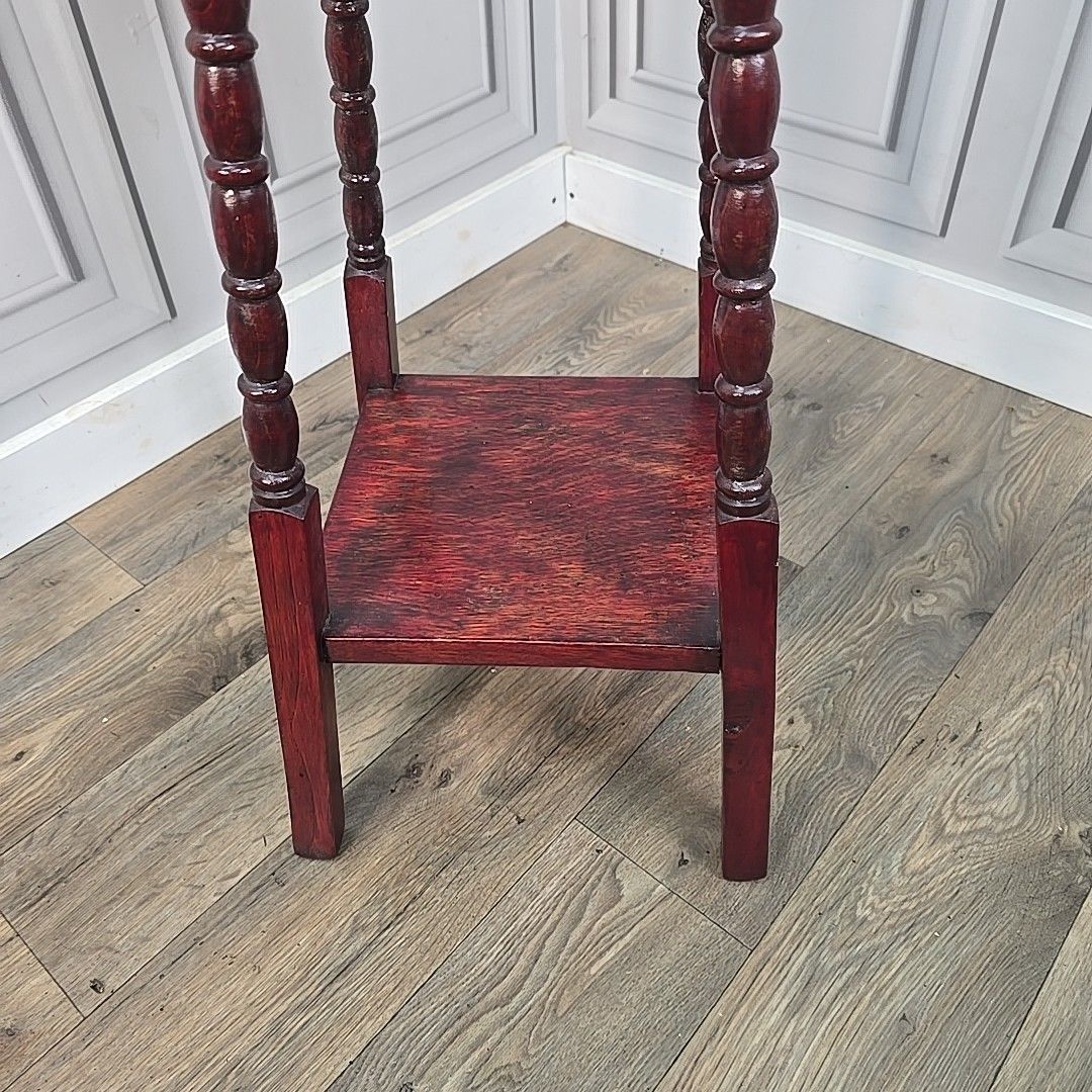 photo buy Antique Plant Stand Lamp Table – Turned Oak Legs & Bobbin Trim Mahogany Finish