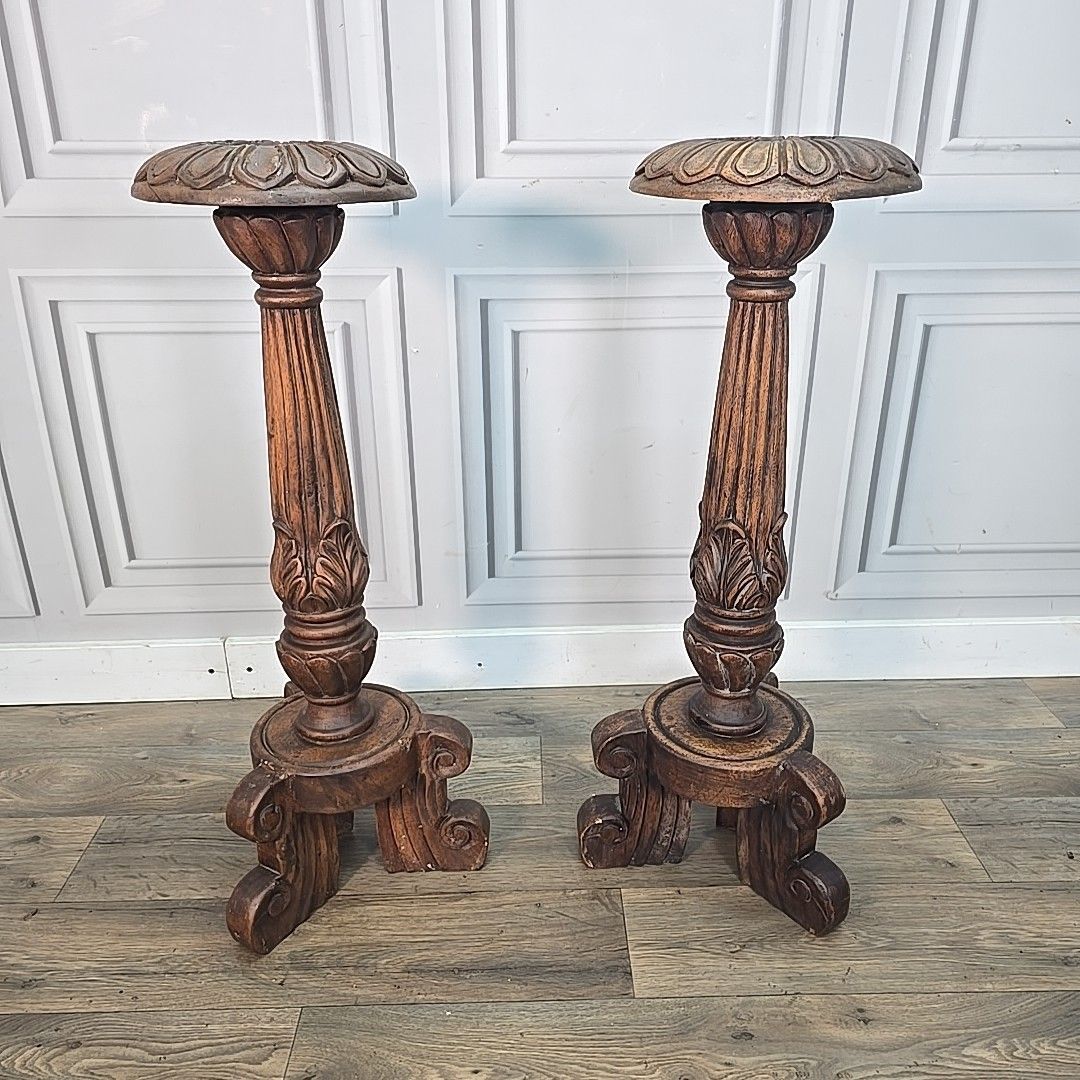 Antique Pair Plant Stands Gothic Revival Carved Walnut Tripod Torchères Candle photo for sale
