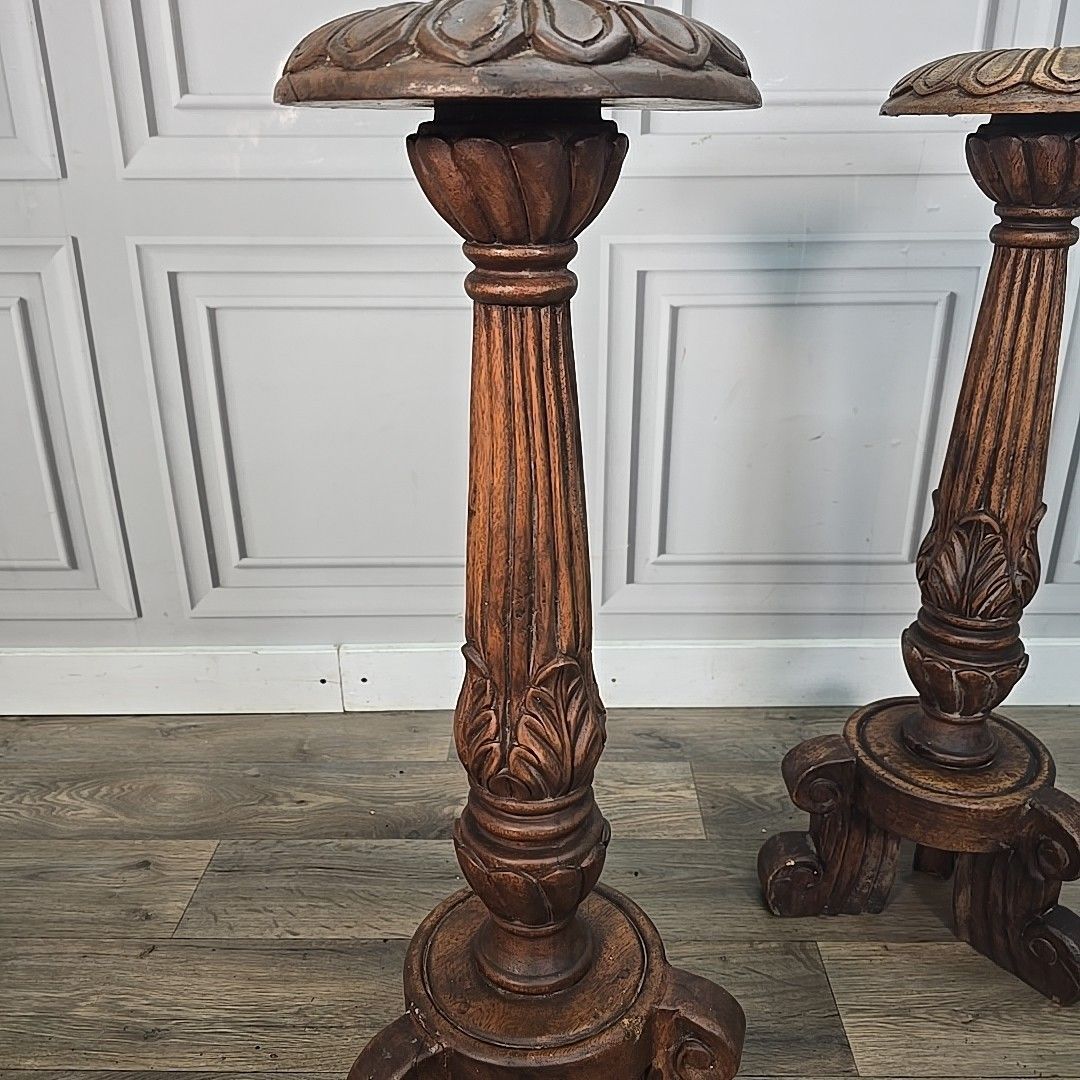 Antique Pair Plant Stands Gothic Revival Carved Walnut Tripod Torchères Candle photo 490.0