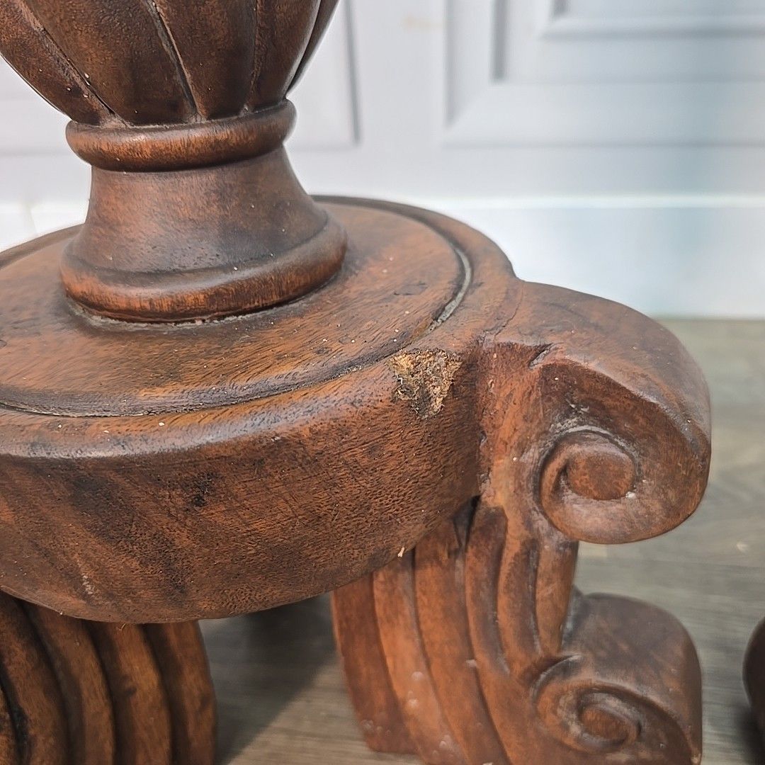 photo furniture Antique Pair Plant Stands Gothic Revival Carved Walnut Tripod Torchères Candle