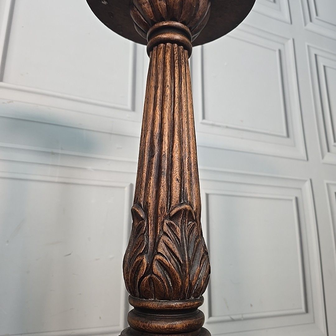 photo vinterior Antique Pair Plant Stands Gothic Revival Carved Walnut Tripod Torchères Candle