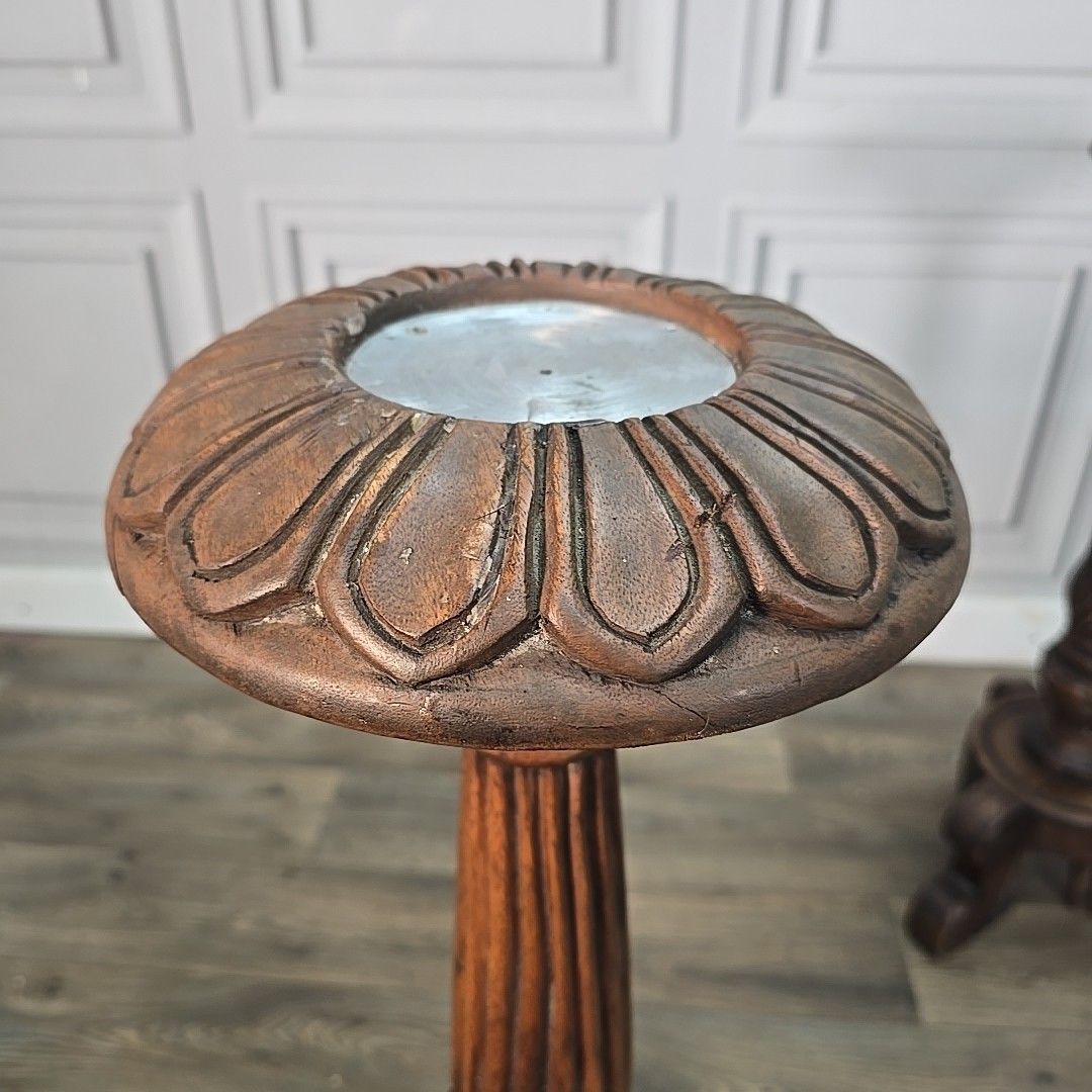 photo vintage Antique Pair Plant Stands Gothic Revival Carved Walnut Tripod Torchères Candle