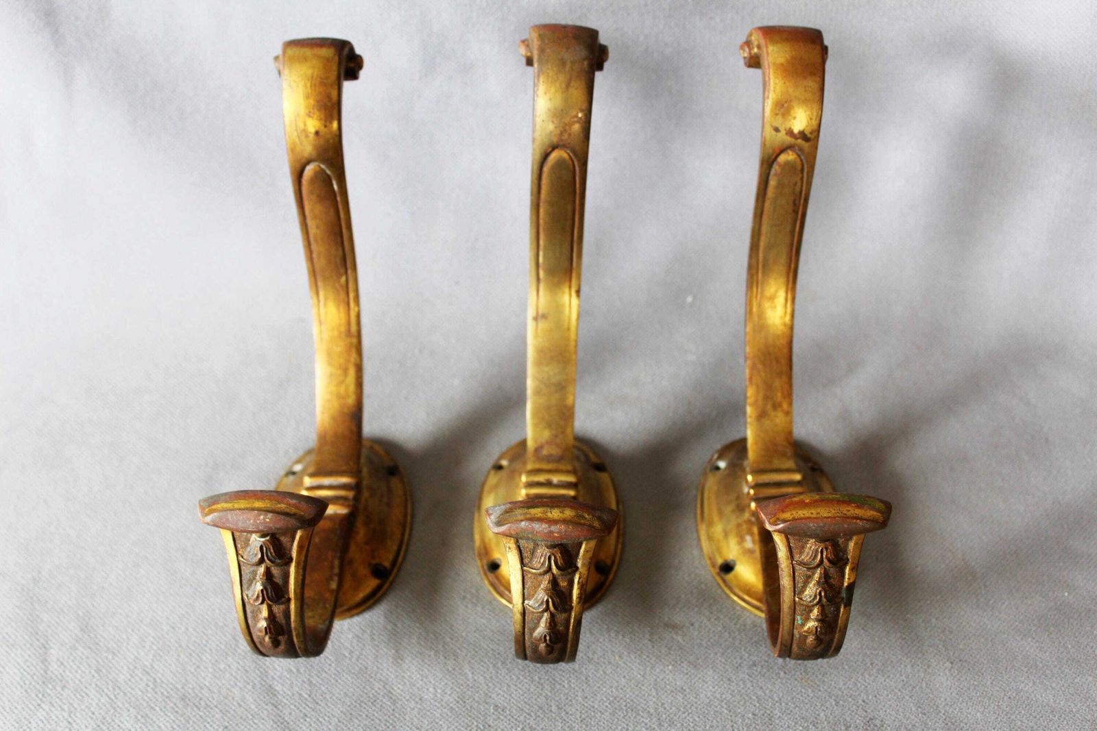 Set Of Three Large French Antique Bronze Hook, Coat Hook, Cast Bronze, Entrance, Gilt Chateau, Empire Regency Floral Decor photo for sale