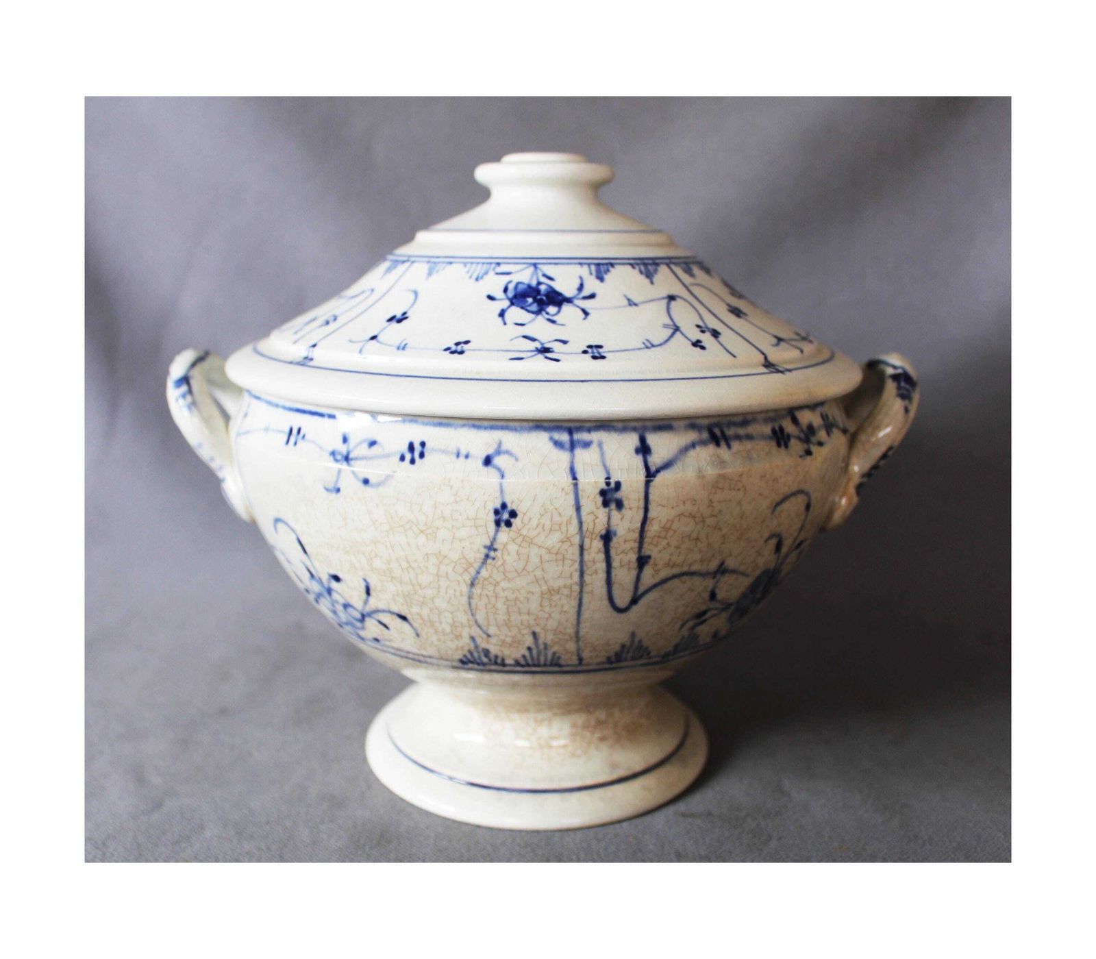 Large Antique Blue And White Ceramic Ironstone Tureen Soup Bowl With Lid, Strawflower Design, Copenhagen Style, Tea Stained Crackled