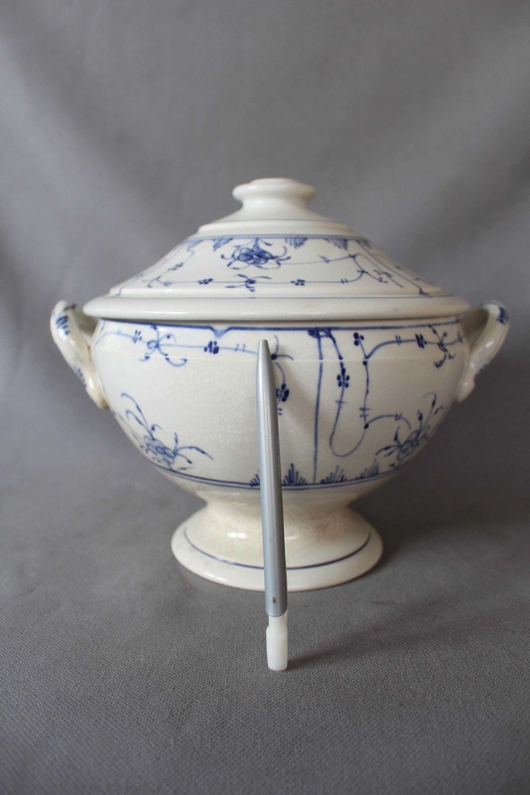 Large Antique Blue And White Ceramic Ironstone Tureen Soup Bowl With Lid, Strawflower Design, Copenhagen Style, Tea Stained Crackled photo vintage
