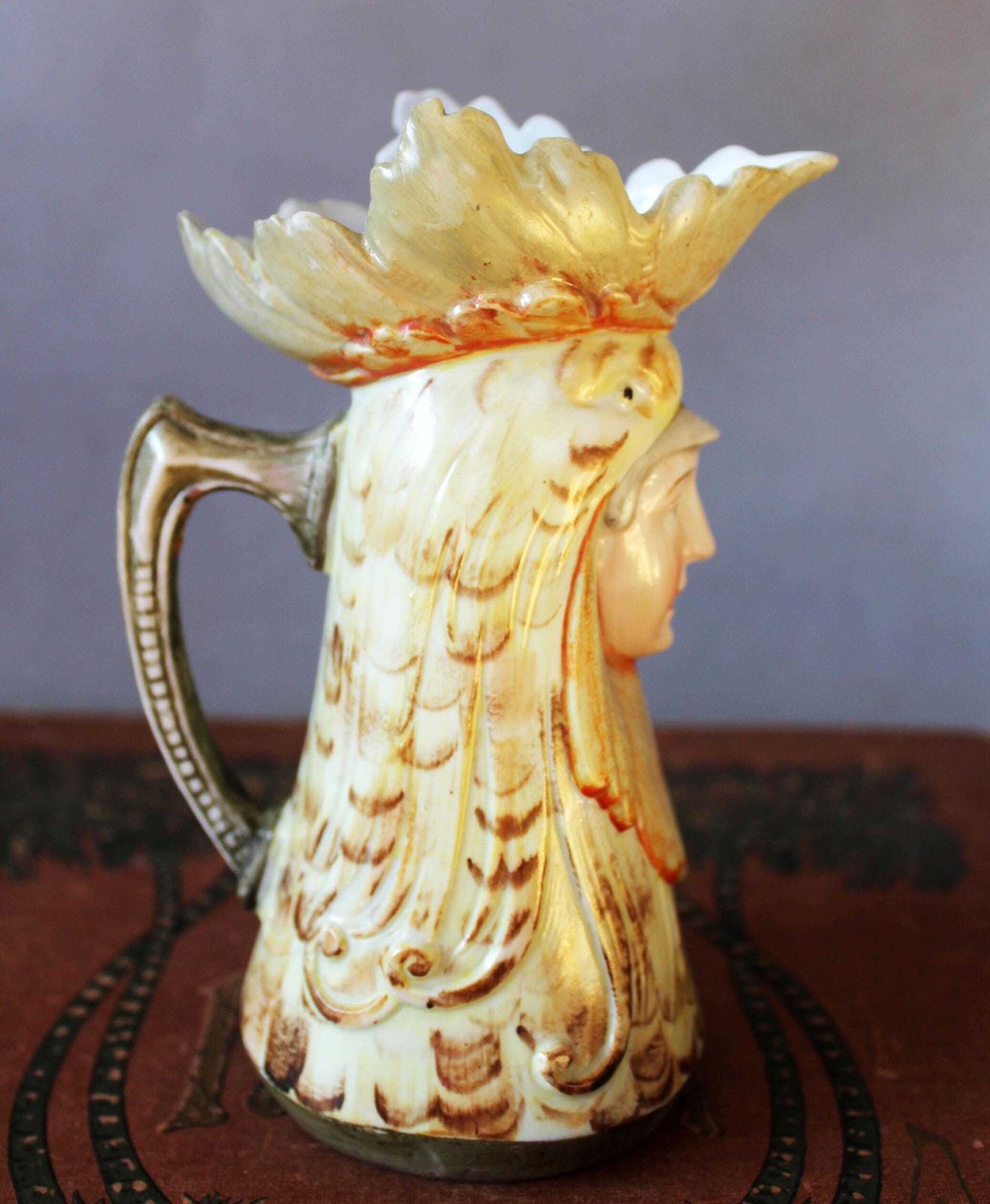 Rare Antique 19th Early 20th Century Porcelain Schafer & Vater Figural Creamer Jug, Joker Or A Face With A Chicken Hat Costume, Little Chips photo Home Decor