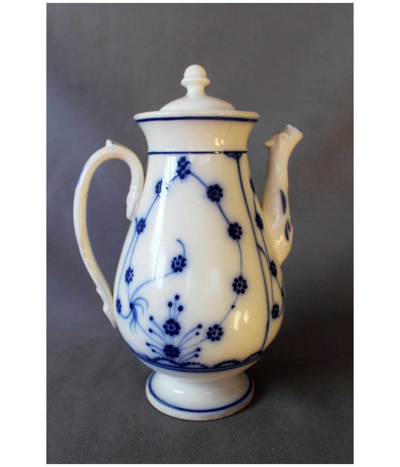 Antique 19th Century Ceramic Earthenware Large Coffee Pot, White Hand Painted Blue Onion Pattern, Dragon Animal Head Spout, Lid Not Original