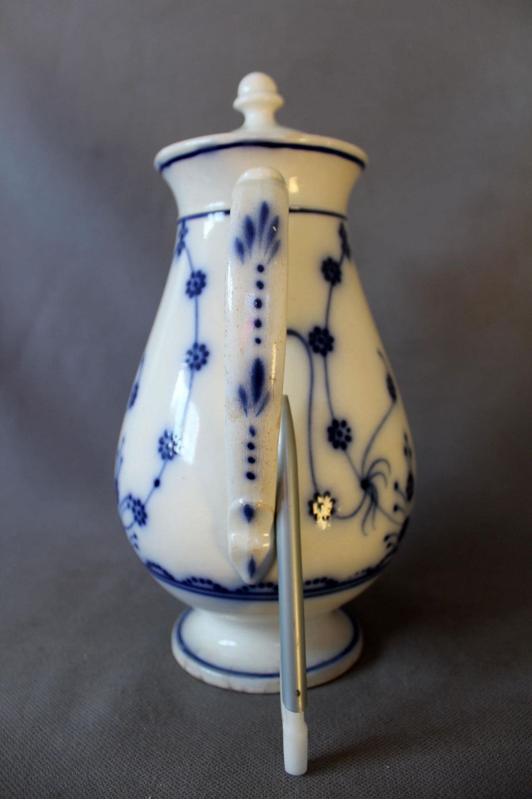Antique 19th Century Ceramic Earthenware Large Coffee Pot, White Hand Painted Blue Onion Pattern, Dragon Animal Head Spout, Lid Not Original photo furniture