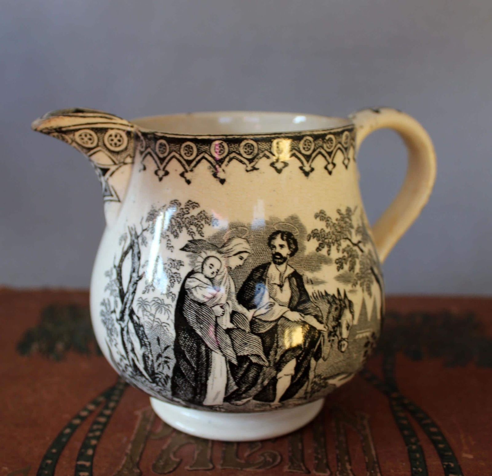 Large Antique 19th Century Ceramic Jug, Cream Milk Pitcher, Religious Jesus Virgin Mary, England French Black And White Transferware, Repair photo furniture