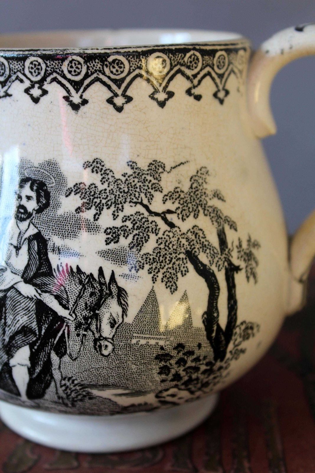 photo for sale Large Antique 19th Century Ceramic Jug, Cream Milk Pitcher, Religious Jesus Virgin Mary, England French Black And White Transferware, Repair