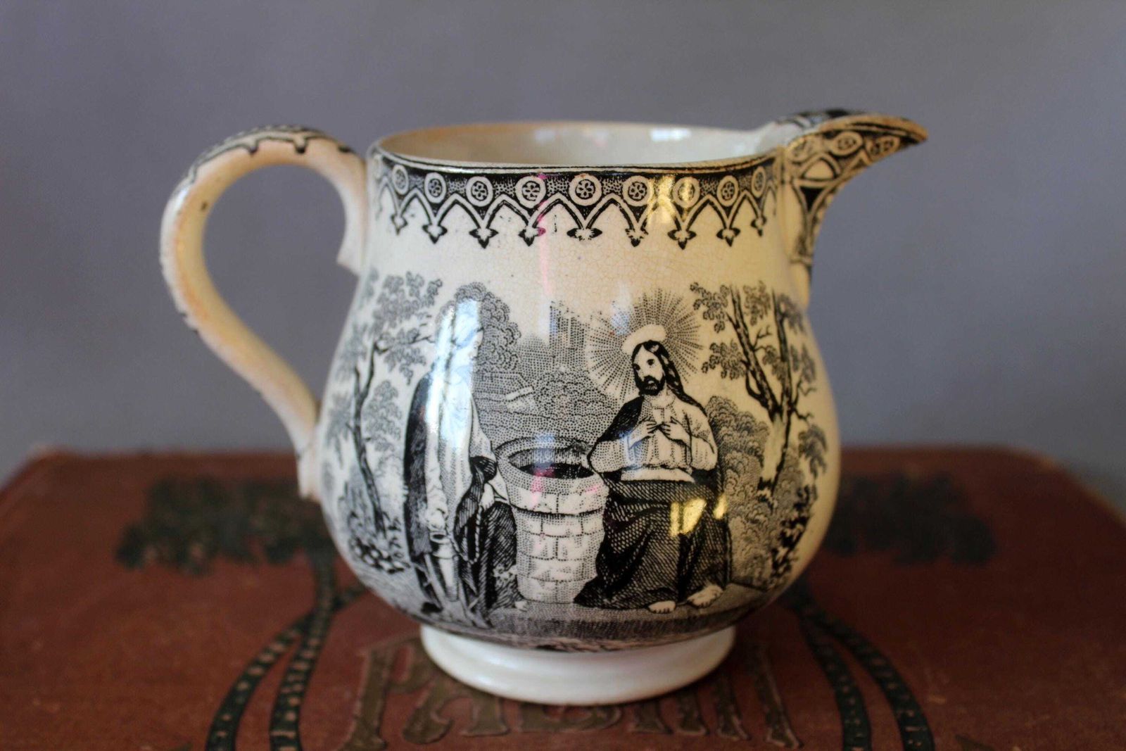 Home Decor Large Antique 19th Century Ceramic Jug, Cream Milk Pitcher, Religious Jesus Virgin Mary, England French Black And White Transferware, Repair photo