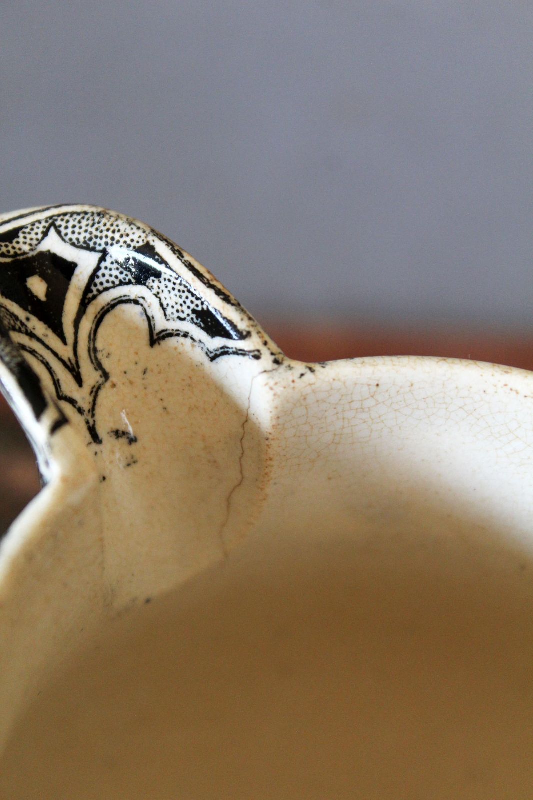 78.0 Large Antique 19th Century Ceramic Jug, Cream Milk Pitcher, Religious Jesus Virgin Mary, England French Black And White Transferware, Repair photo