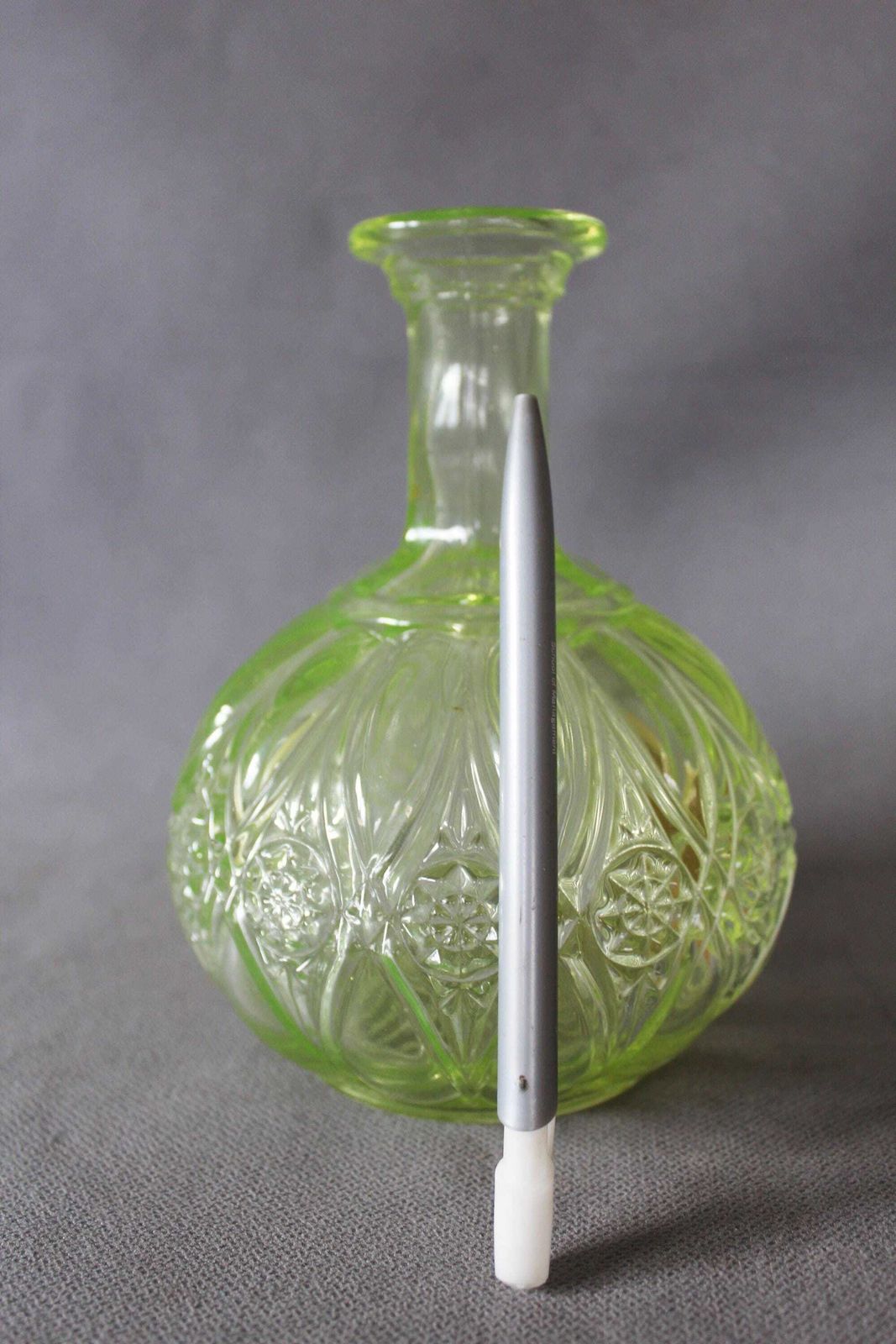 Art Deco Valembert Graffart Val Saint Lambert Water Decanter, Uranium Yellow Green Glass, Bedside Water Carafe, Ouraline photo for sale
