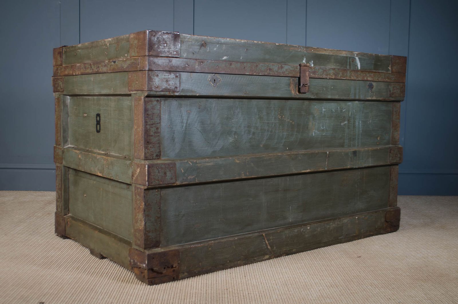 Large Antique Military Storage Chest With Original Green Paint & Iron Fittings