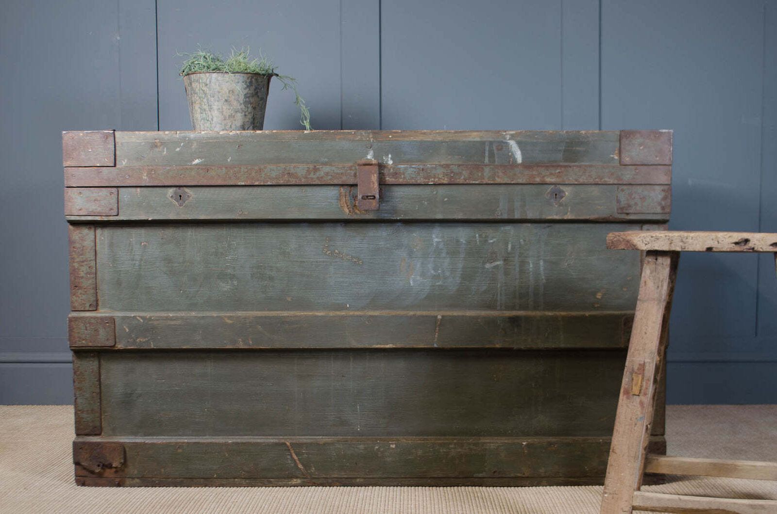 Large Antique Military Storage Chest With Original Green Paint & Iron Fittings photo for sale
