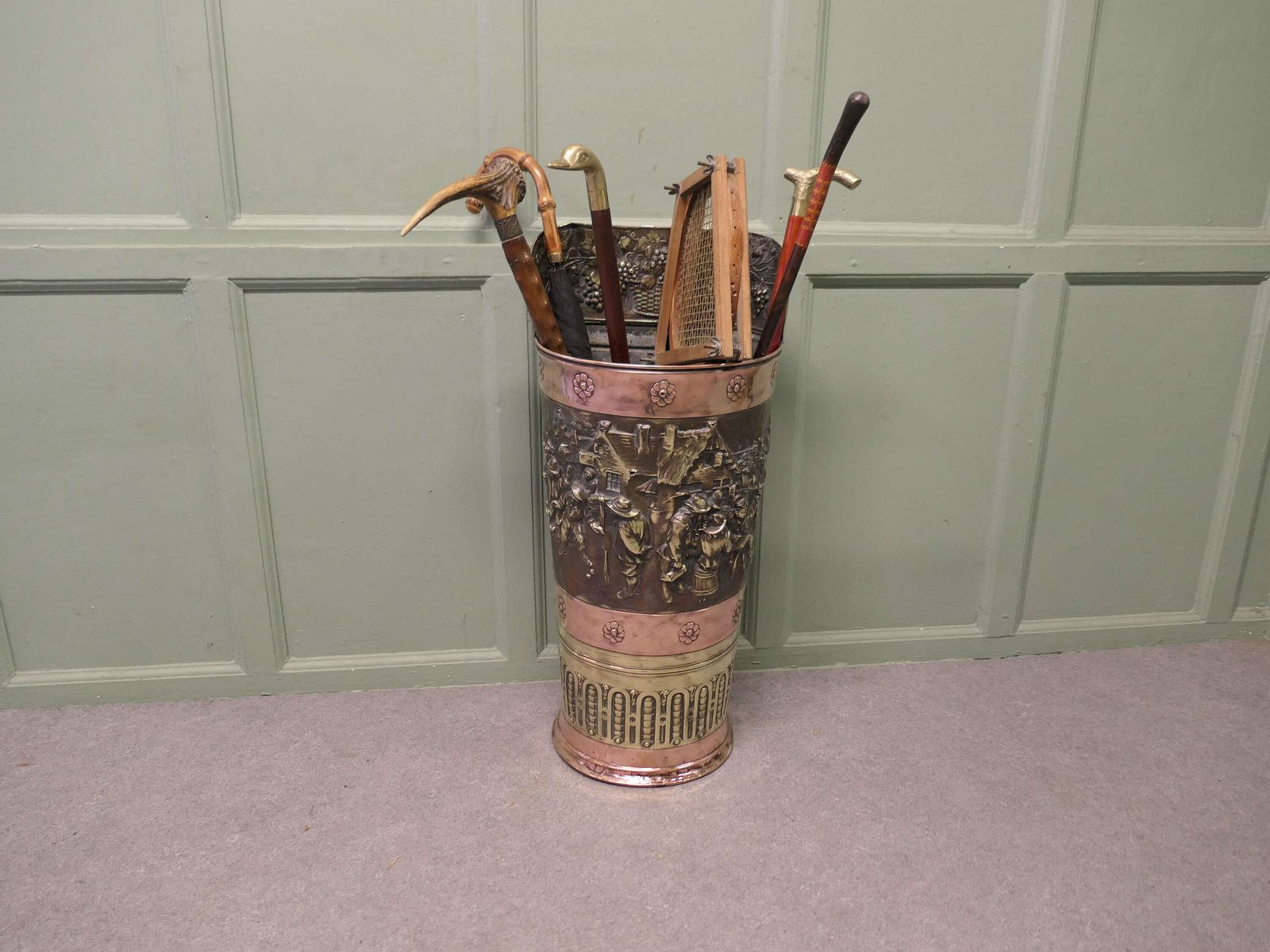 Very Large French Arts And Crafts Embossed Brass Stick Stand This Is An Impressive Piece photo 660.0