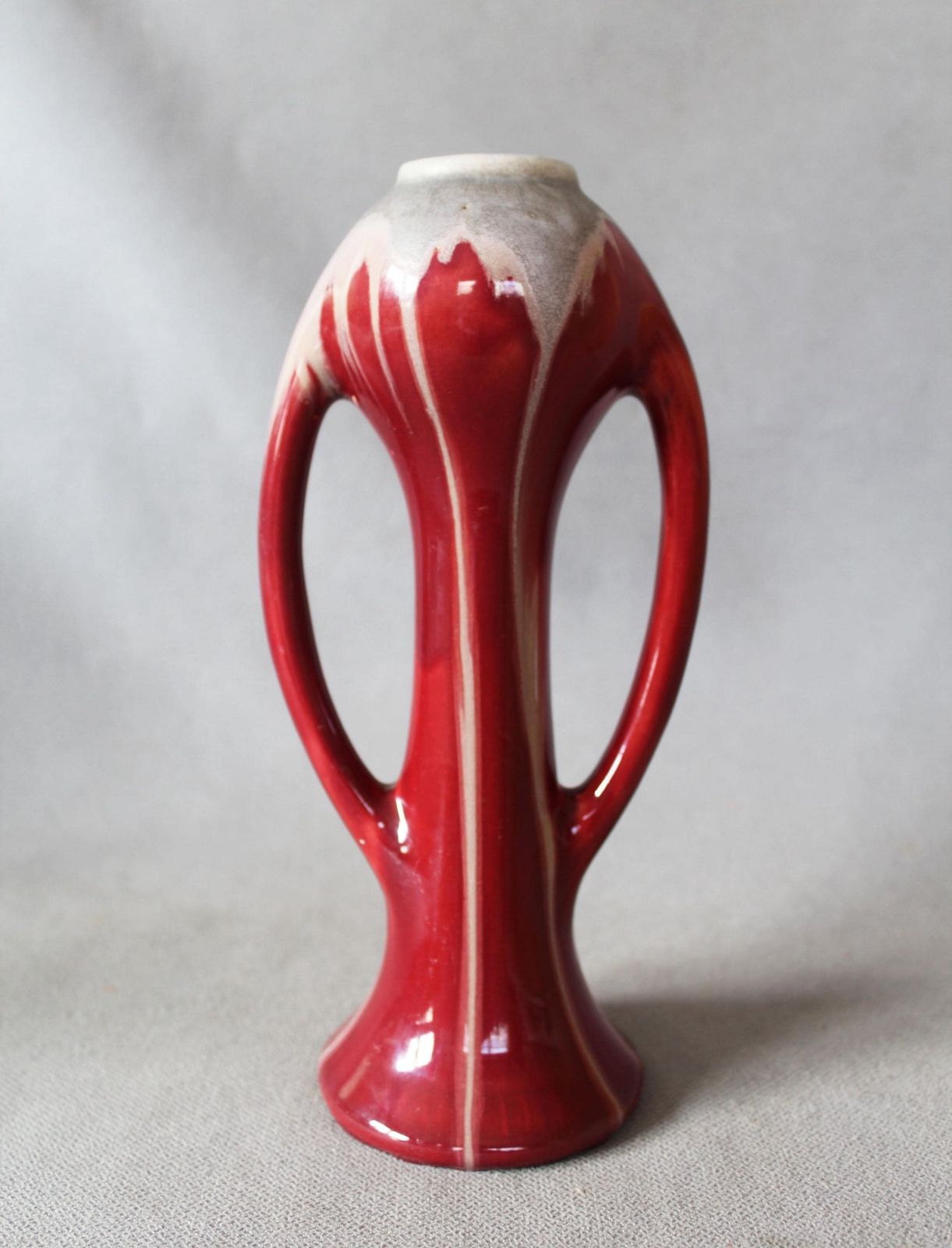 Art Deco 1920s Ceramic Vase, Faiencerie De Thulin Belgium, Drip Glaze, Studio Art, Dark Red Bordeau, Bud Vase, Twin Handle photo for sale