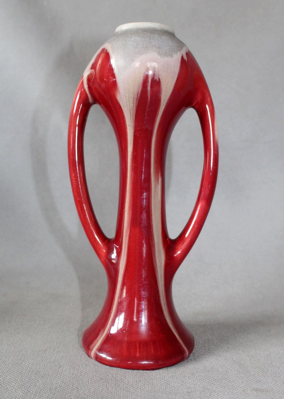 Art Deco 1920s Ceramic Vase, Faiencerie De Thulin Belgium, Drip Glaze, Studio Art, Dark Red Bordeau, Bud Vase, Twin Handle photo buy