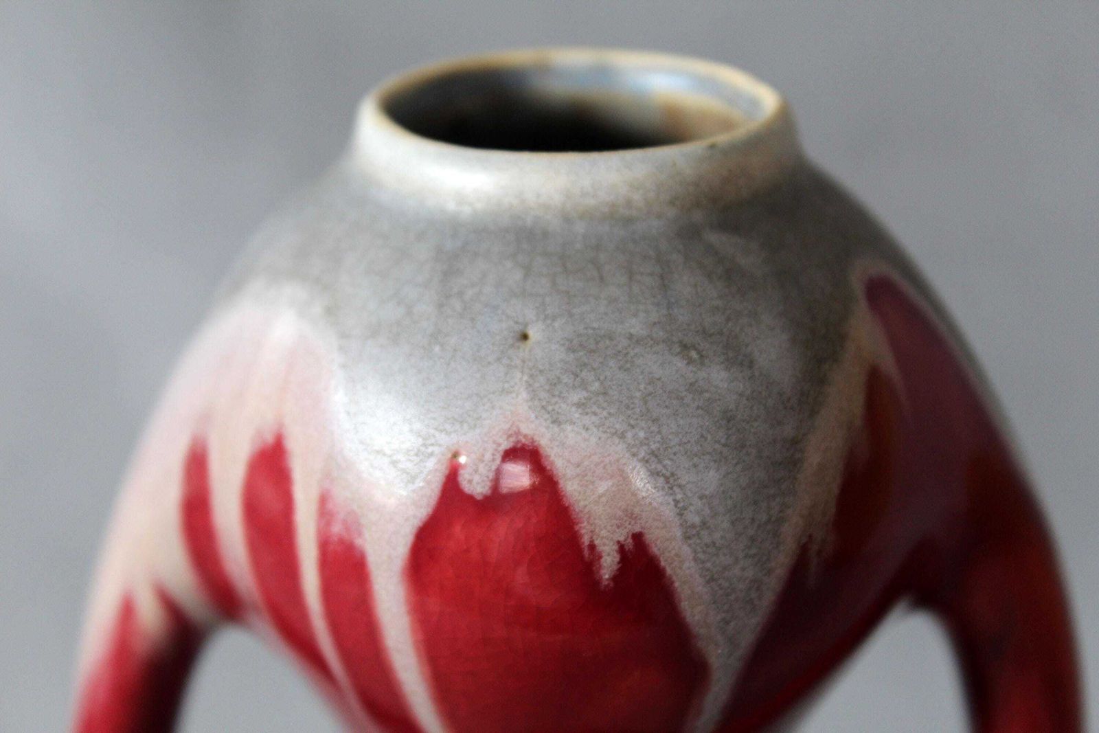 86.0 Art Deco 1920s Ceramic Vase, Faiencerie De Thulin Belgium, Drip Glaze, Studio Art, Dark Red Bordeau, Bud Vase, Twin Handle photo