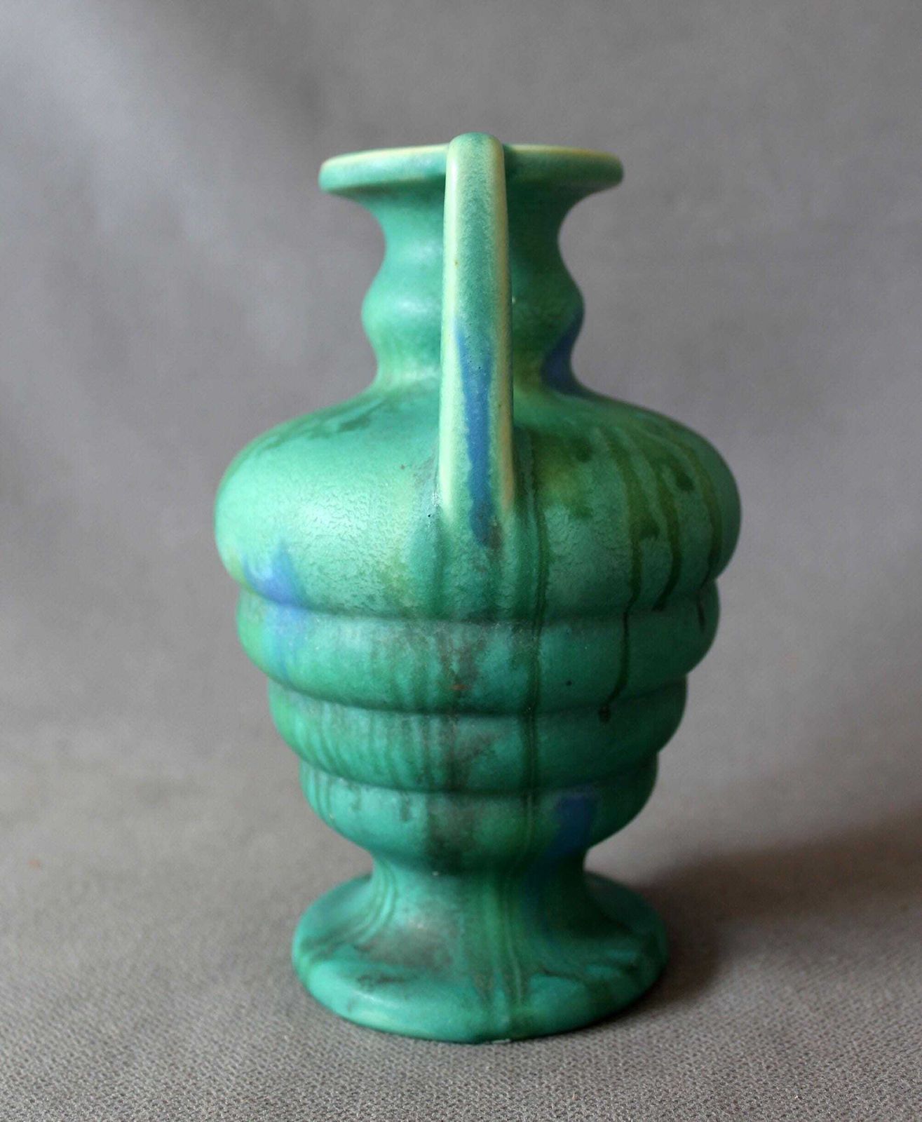 Art Deco Ceramic Vase, Faiencerie De Thulin Belgium, Drip Glaze, Studio Art, Turquoise, Bud Vase, Greek Urn Shape photo Home Decor