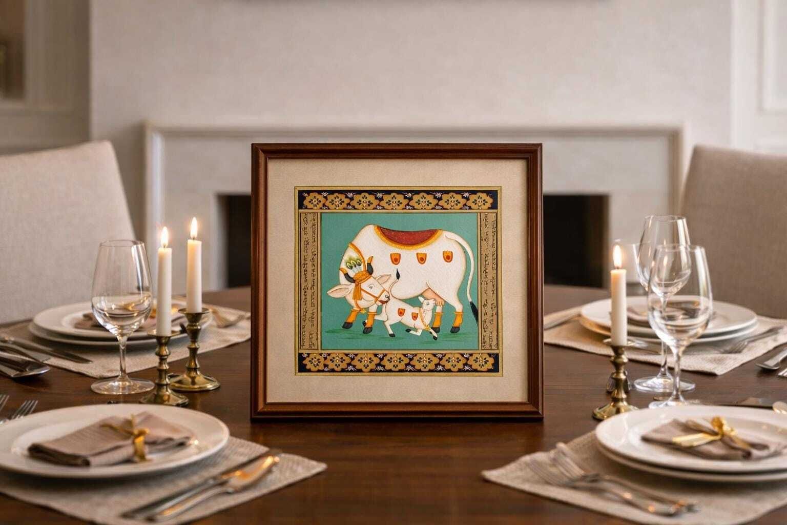 Hand Painted Miniature Sacred Cow & Calf On Antique Sanskrit Manuscript With Gold Border. photo furniture