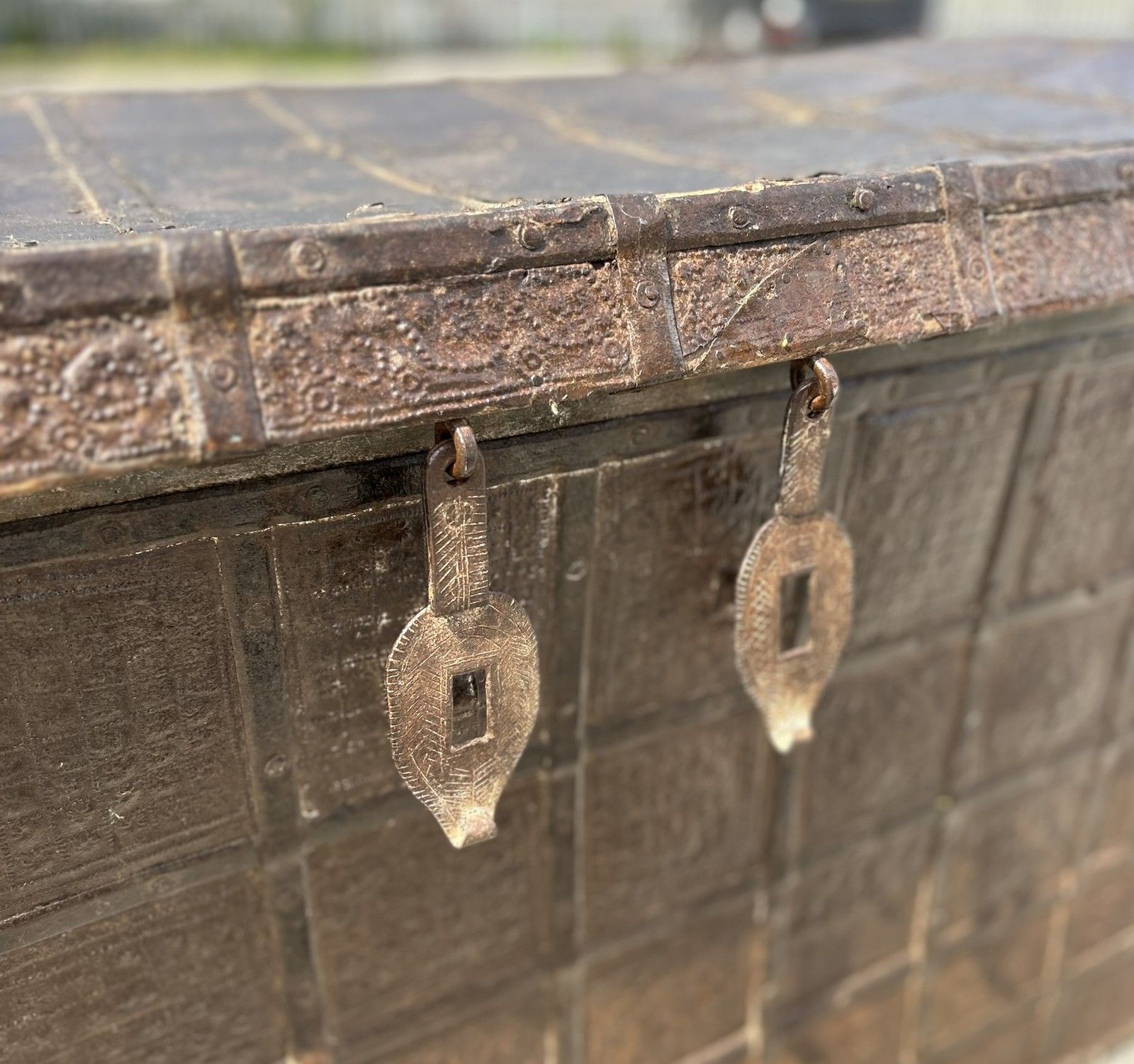 Antique 17th/18th Century Continental Metal Banded Large Chest Or Storage Trunk photo for sale