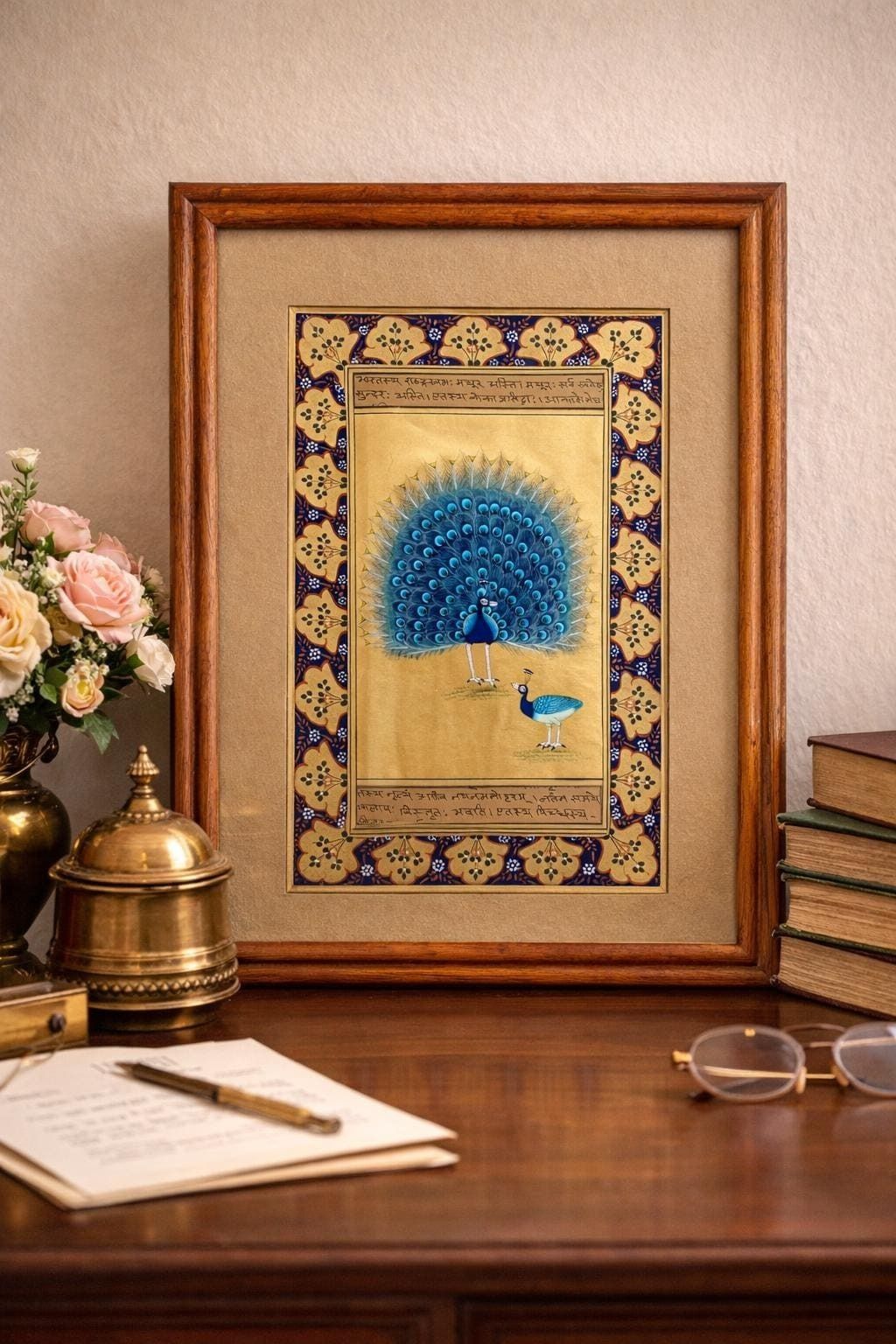 Hand Painted Mughal Miniature On Antique Sanskrit Manuscript Leaf – Peacock Study With Gold Detailing photo furniture