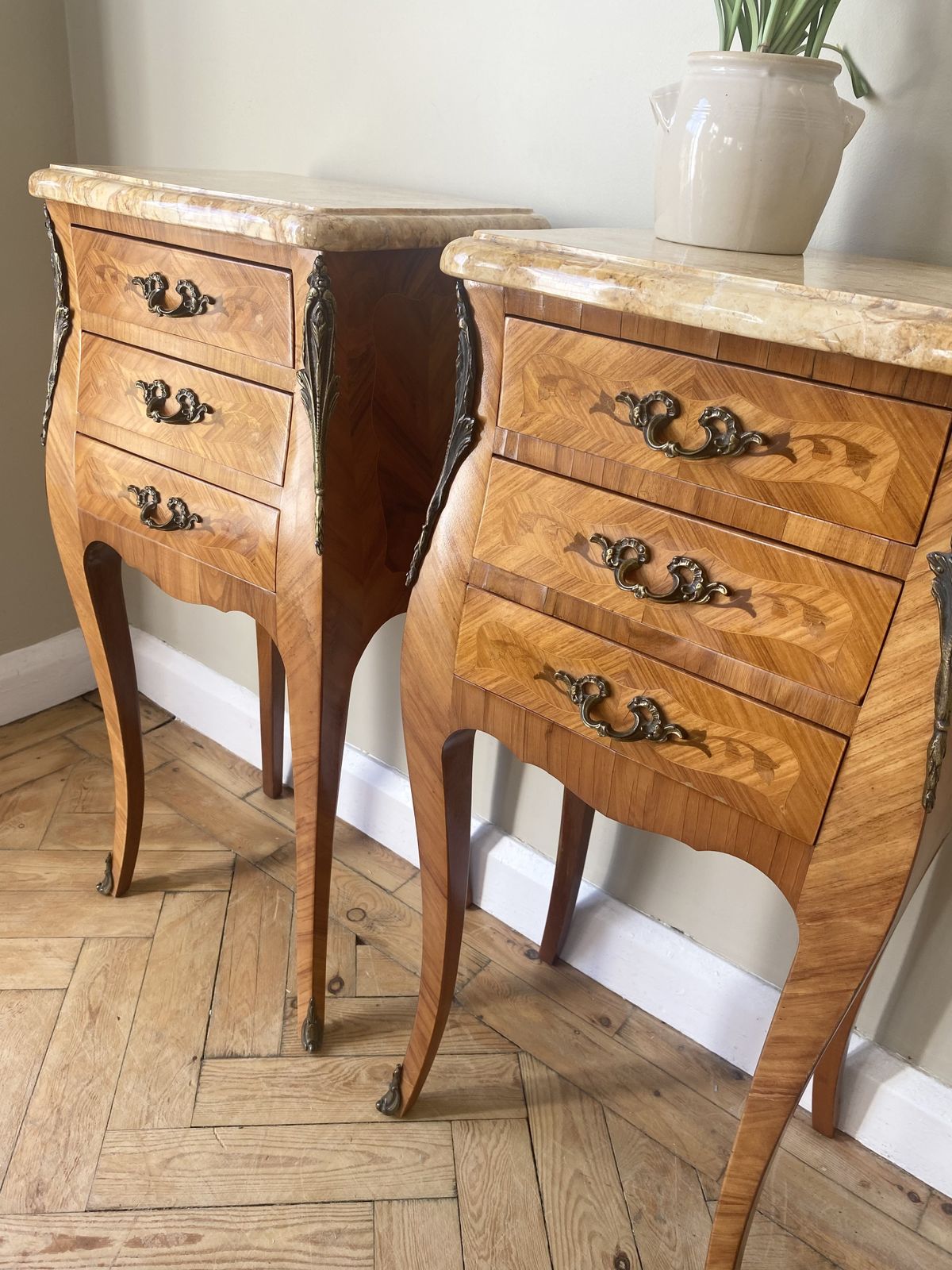 Pair Of French Louis XVI Bedside Tables With Marble Tops photo vintage