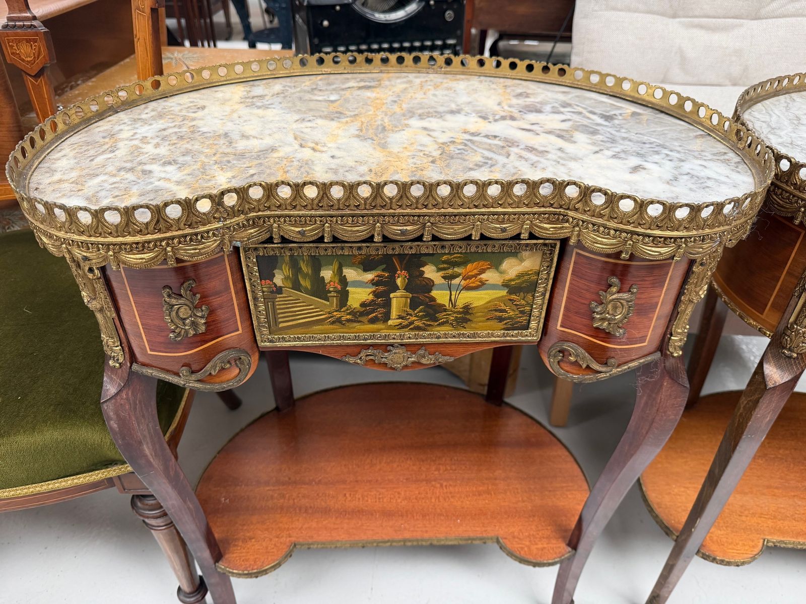 Pair Of French Marble Topped Kidney Shaped Side Tables photo vinterior