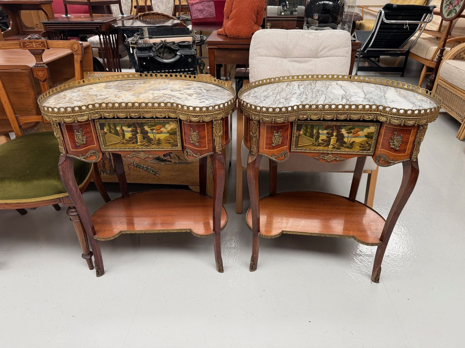Pair Of French Marble Topped Kidney Shaped Side Tables