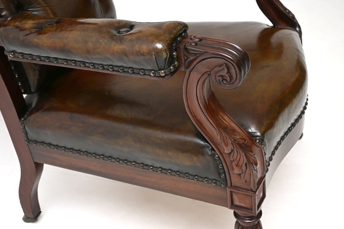 Antique William IV Leather And Walnut Wing Back Armchair photo vintage