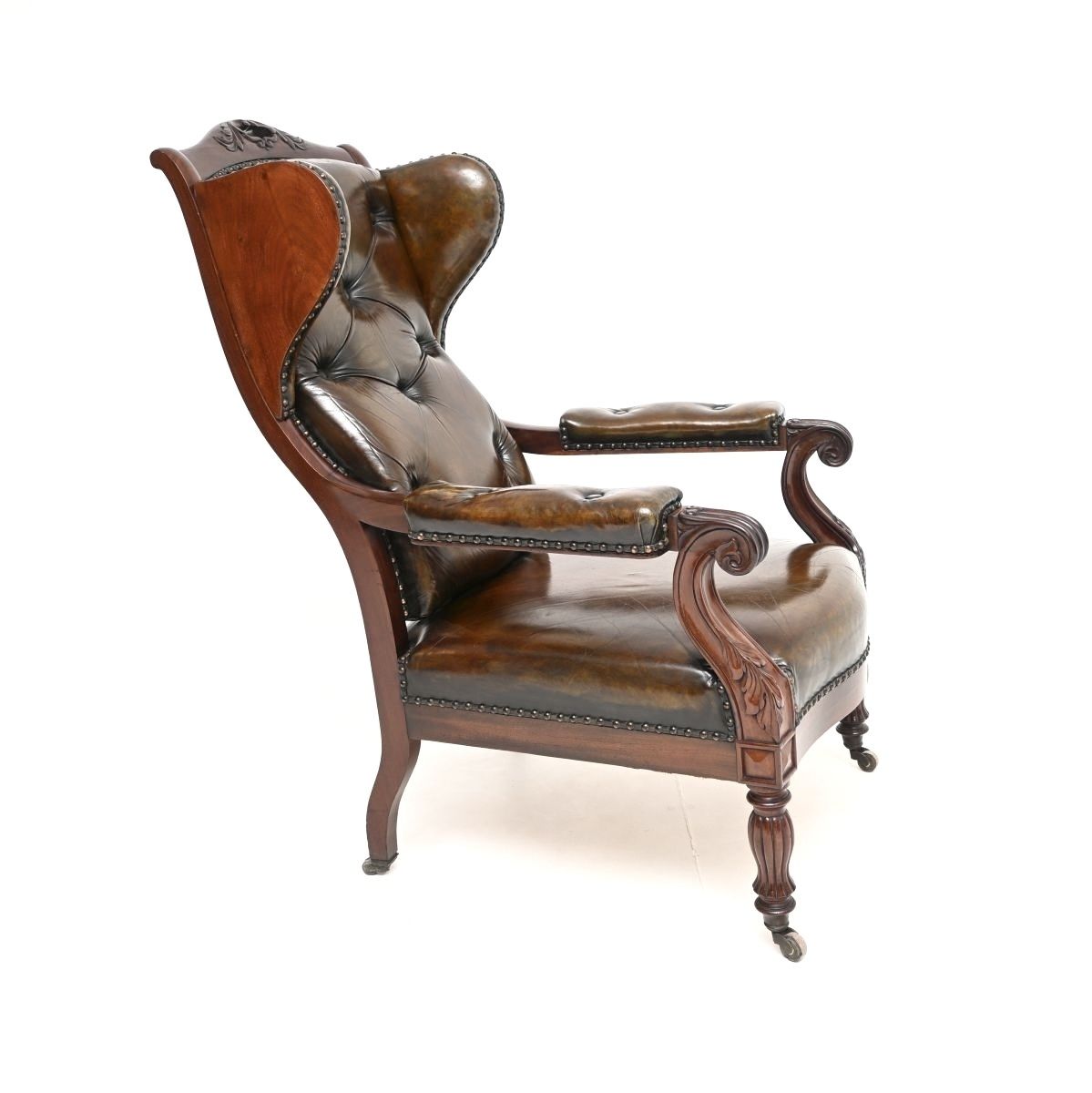 photo buy Antique William IV Leather And Walnut Wing Back Armchair
