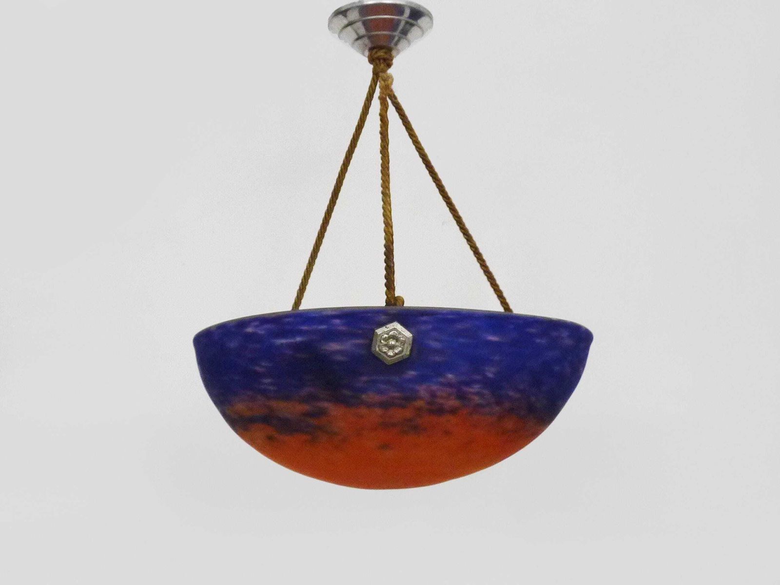 Art Deco 3 Light Pendant Light By Muller Frères Lunéville, In Pâte De Verre, With Geometric Decoration.
