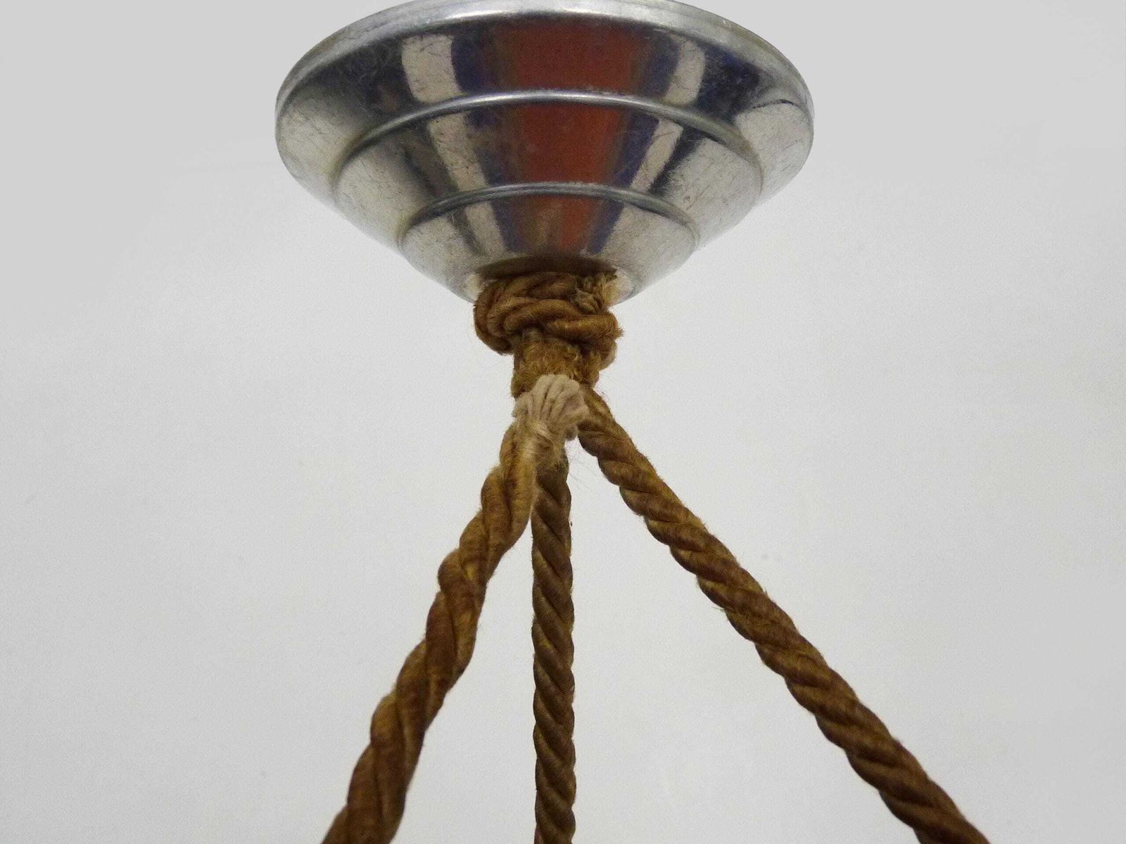photo for sale Art Deco 3 Light Pendant Light By Muller Frères Lunéville, In Pâte De Verre, With Geometric Decoration.