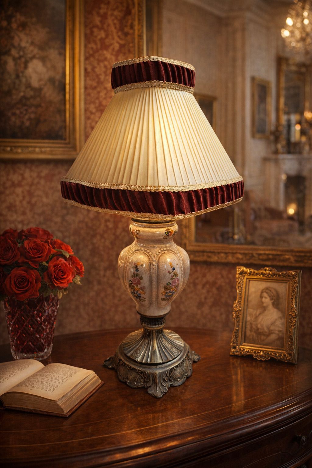Lampada Da Tavolo Vintage In Ceramica Dipinta A Mano E Velluto Bordeaux