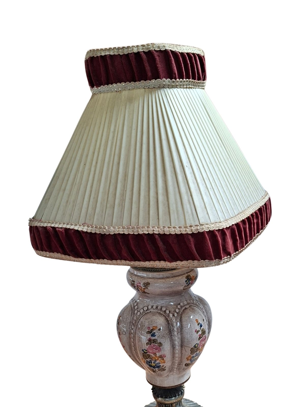 Lampada Da Tavolo Vintage In Ceramica Dipinta A Mano E Velluto Bordeaux photo 518.85