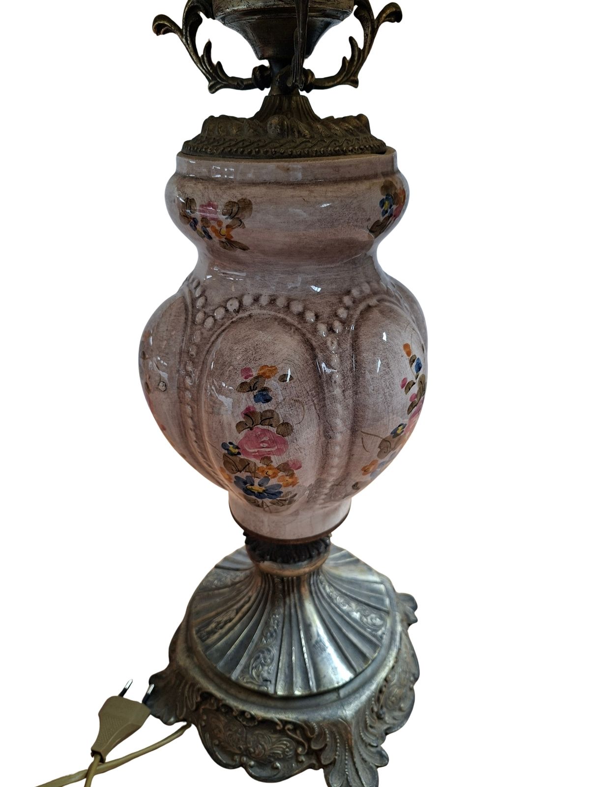 Lampada Da Tavolo Vintage In Ceramica Dipinta A Mano E Velluto Bordeaux photo buy