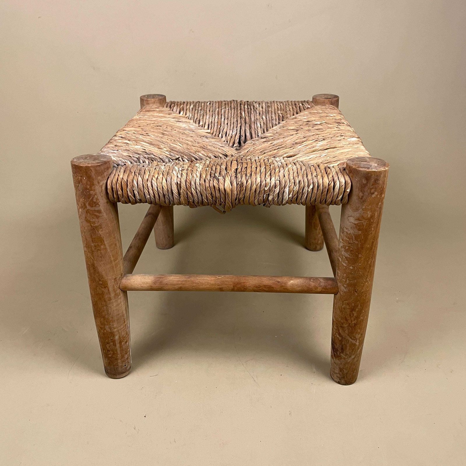 Wooden Foot Stool Woven String Wood Cottage Furniture Rectangle Brown Hallway Seat 23x30x26.5cm Footstool Bench Antique Vintage photo for sale