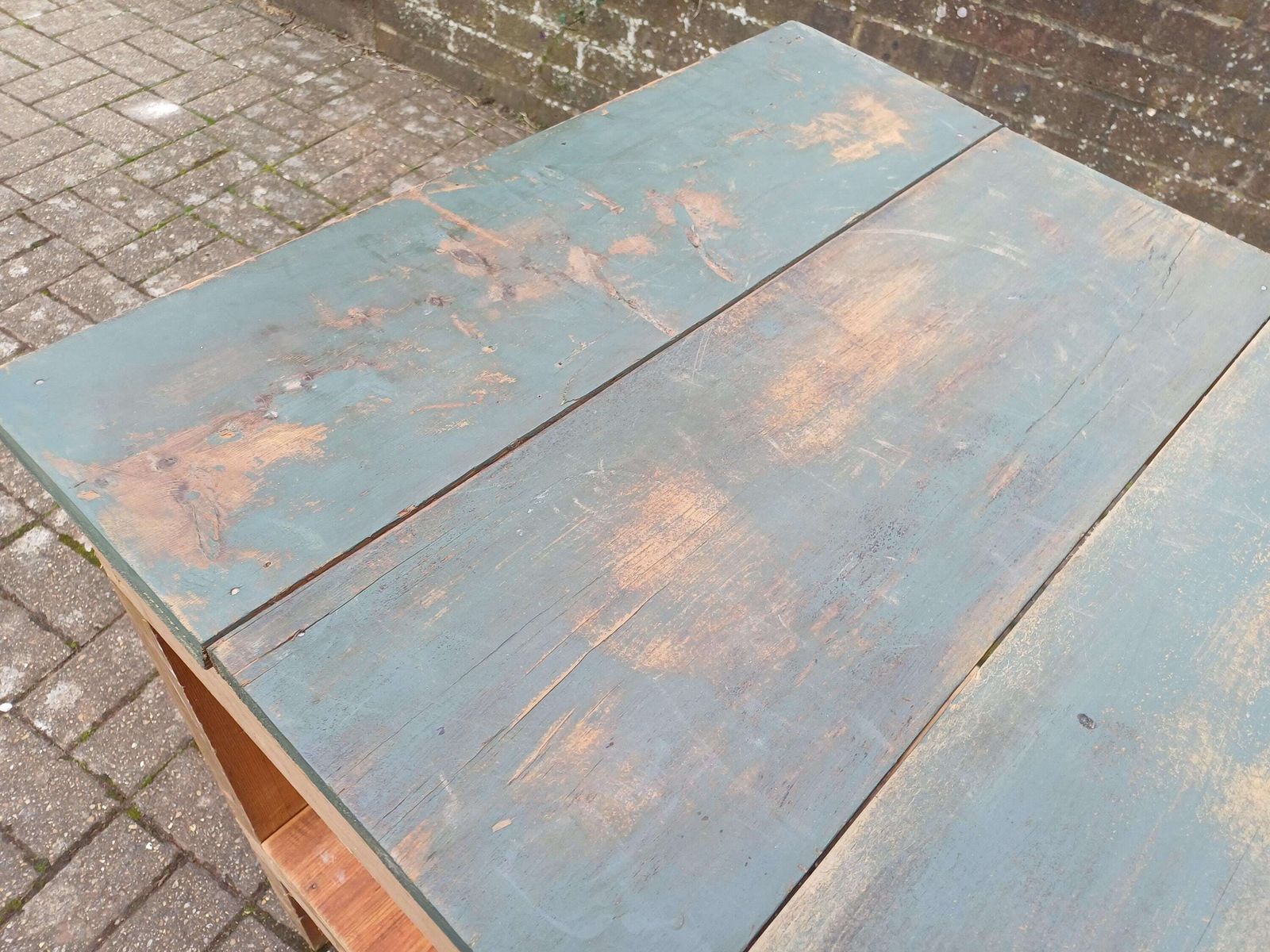 Vintage Pine Workbench Rustic Farmhouse Table Green Painted Top Potting Bench Kitchen Island Industrial Work Table 1960s photo for sale