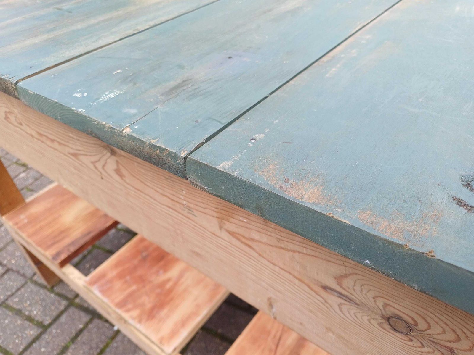 Furniture Vintage Pine Workbench Rustic Farmhouse Table Green Painted Top Potting Bench Kitchen Island Industrial Work Table 1960s photo