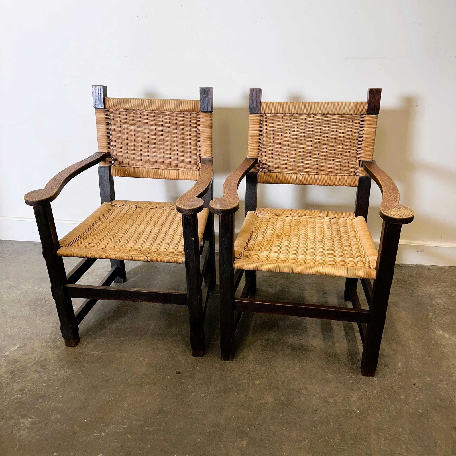 Pair Of Custom Made Oak And Rattan Armchairs, France, 1940s