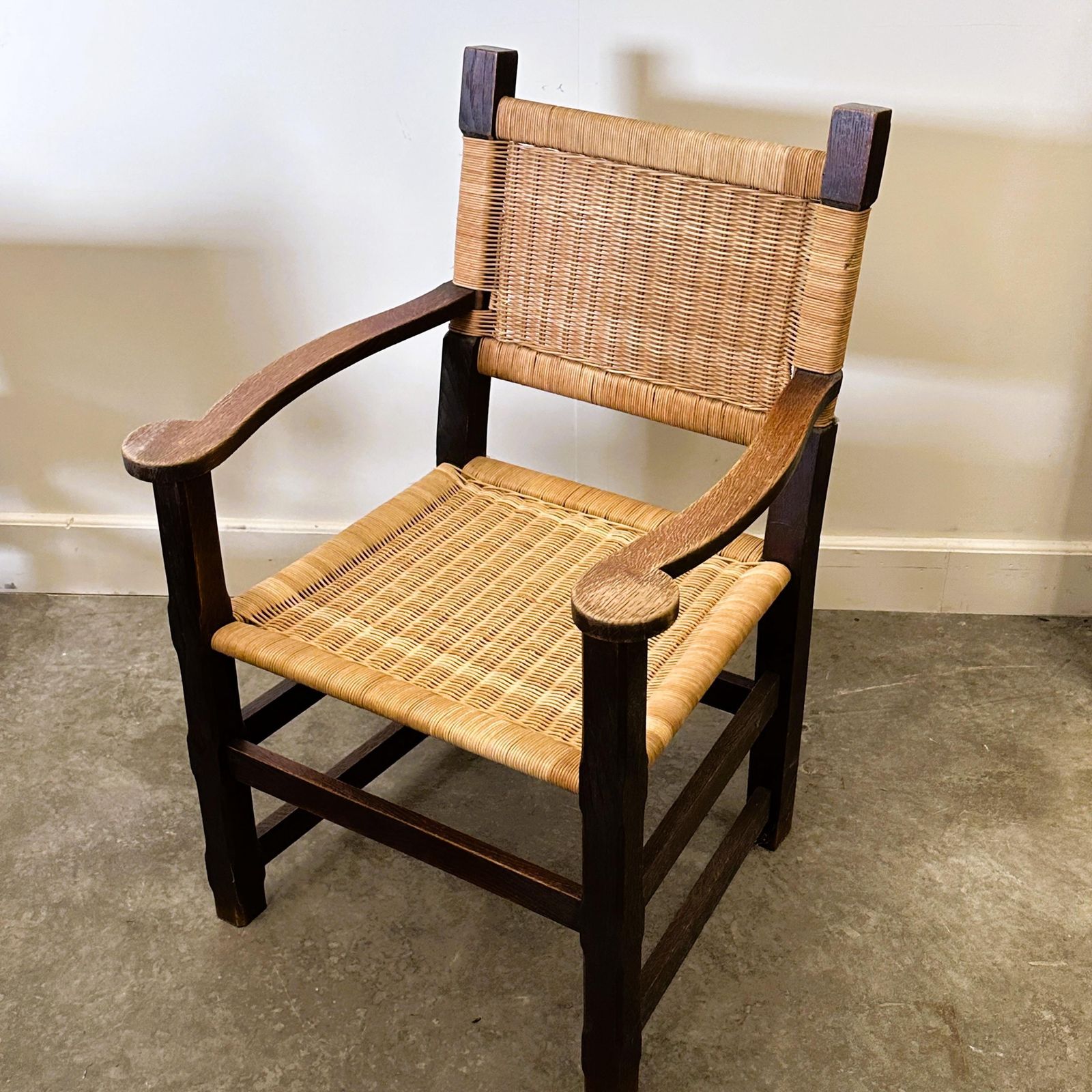 Pair Of Custom Made Oak And Rattan Armchairs, France, 1940s photo furniture