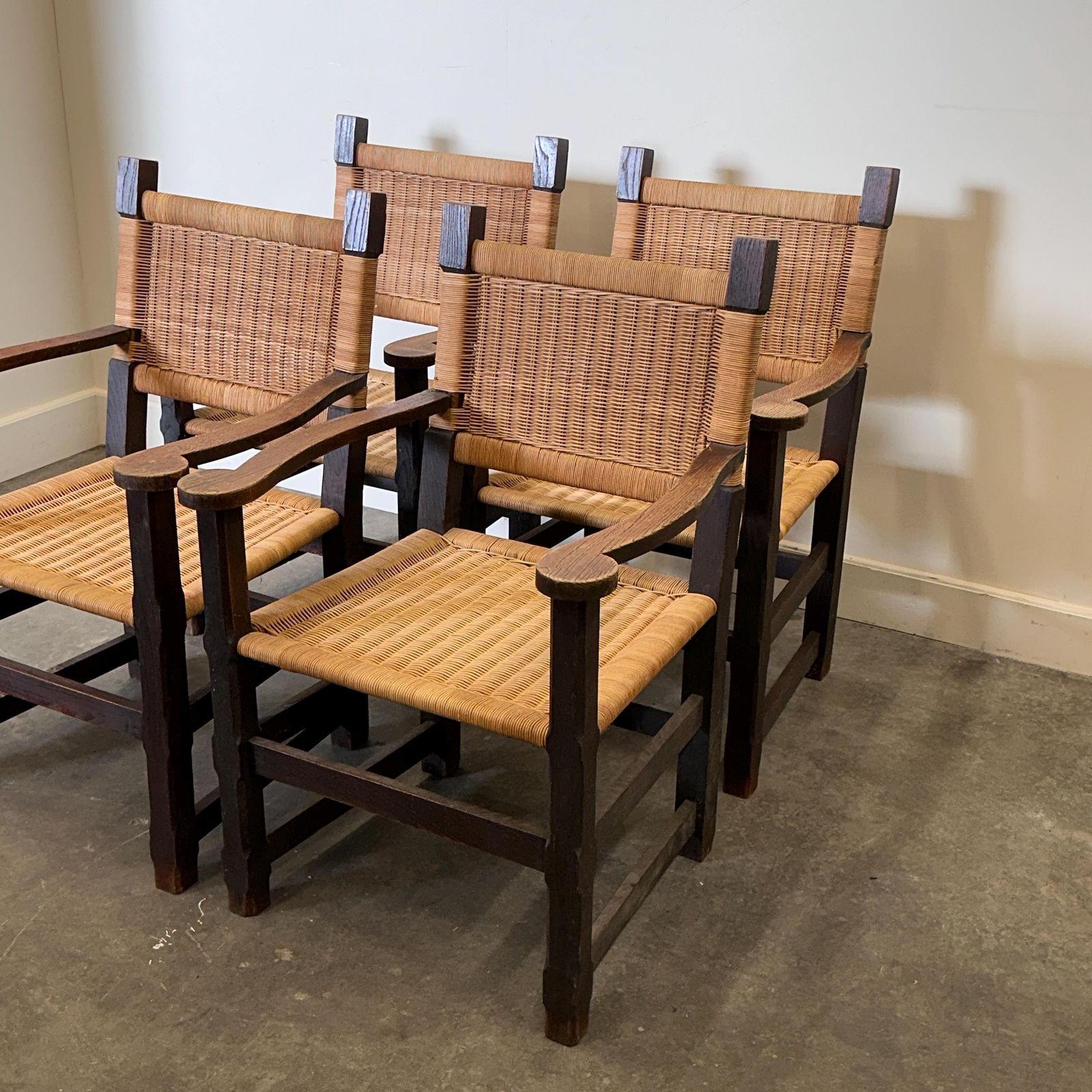 Pair Of Custom Made Oak And Rattan Armchairs, France, 1940s photo vinterior