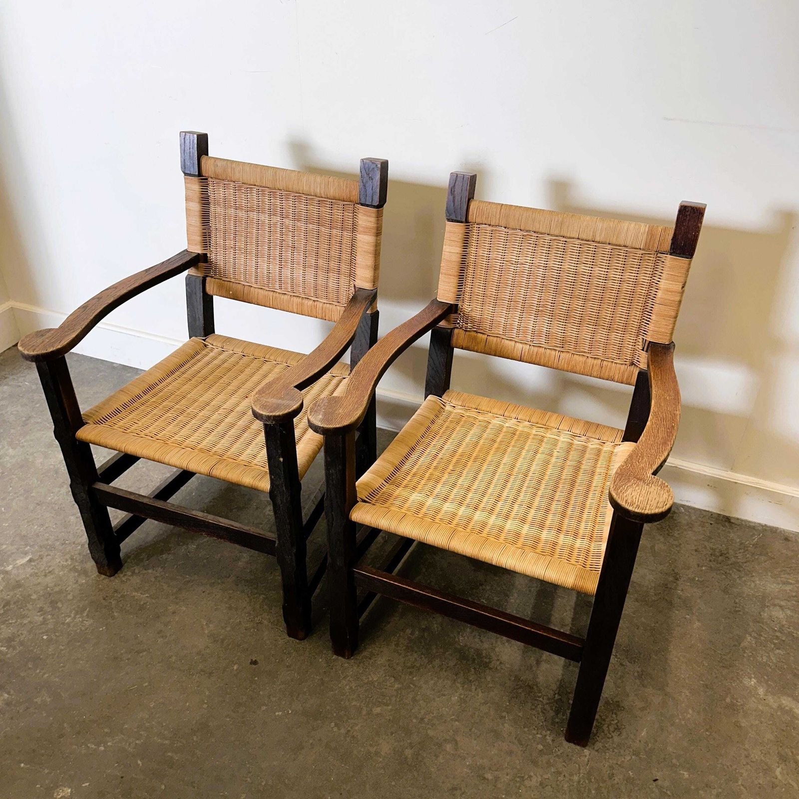 Pair Of Custom Made Oak And Rattan Armchairs, France, 1940s photo buy